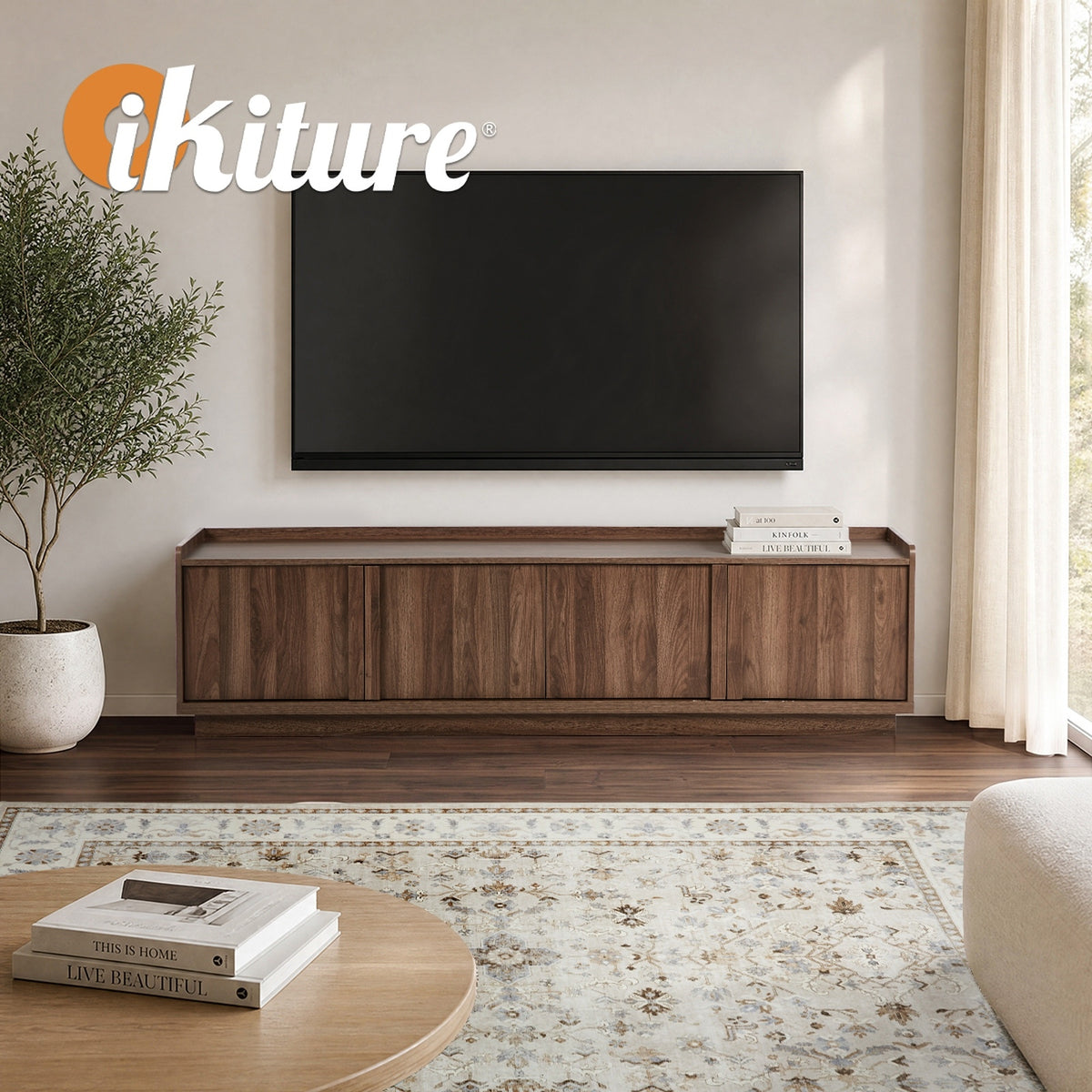 Oikiture 4 Door TV Cabinet 180cm Entertainment Unit Stand Storage Shelf Walnut