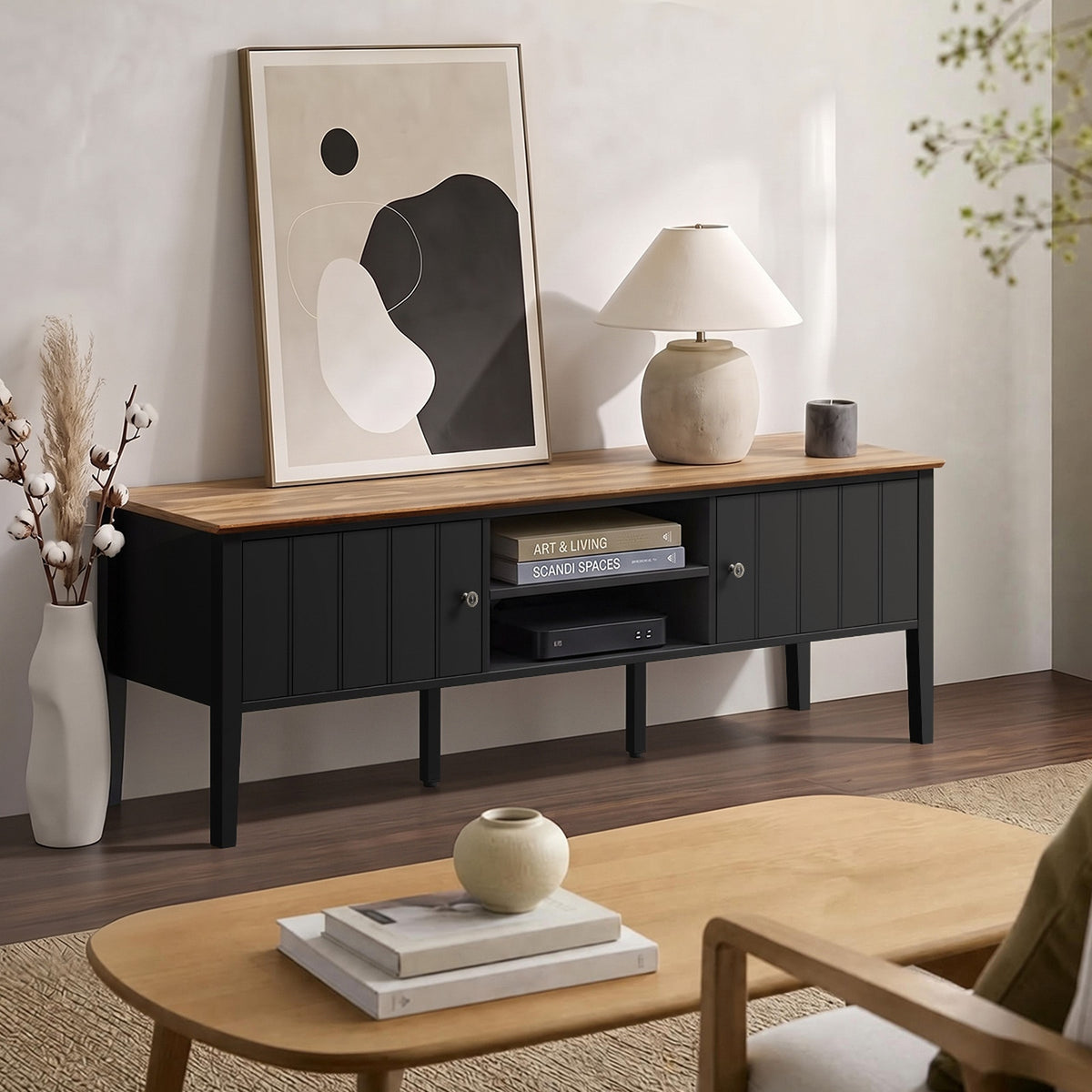 Oikiture TV Cabinet 150cm Entertainment Unit Stand Storage Shelves Black - Sunyee