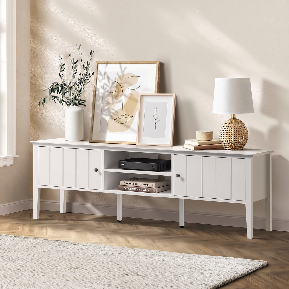 Oikiture TV Cabinet 150cm Entertainment Unit Stand Storage Shelves White - Sunyee