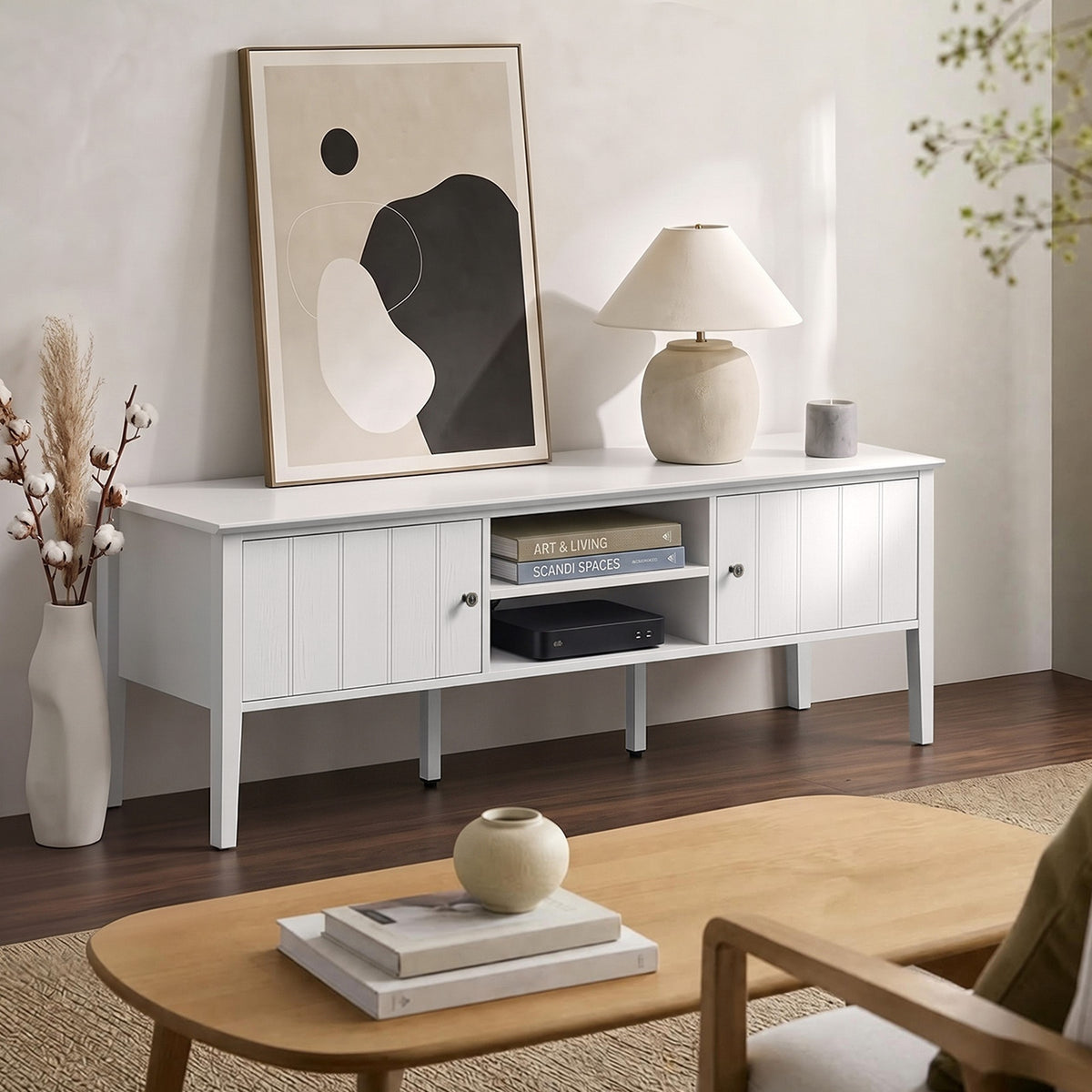 Oikiture TV Cabinet 150cm Entertainment Unit Stand Storage Shelves White - Sunyee