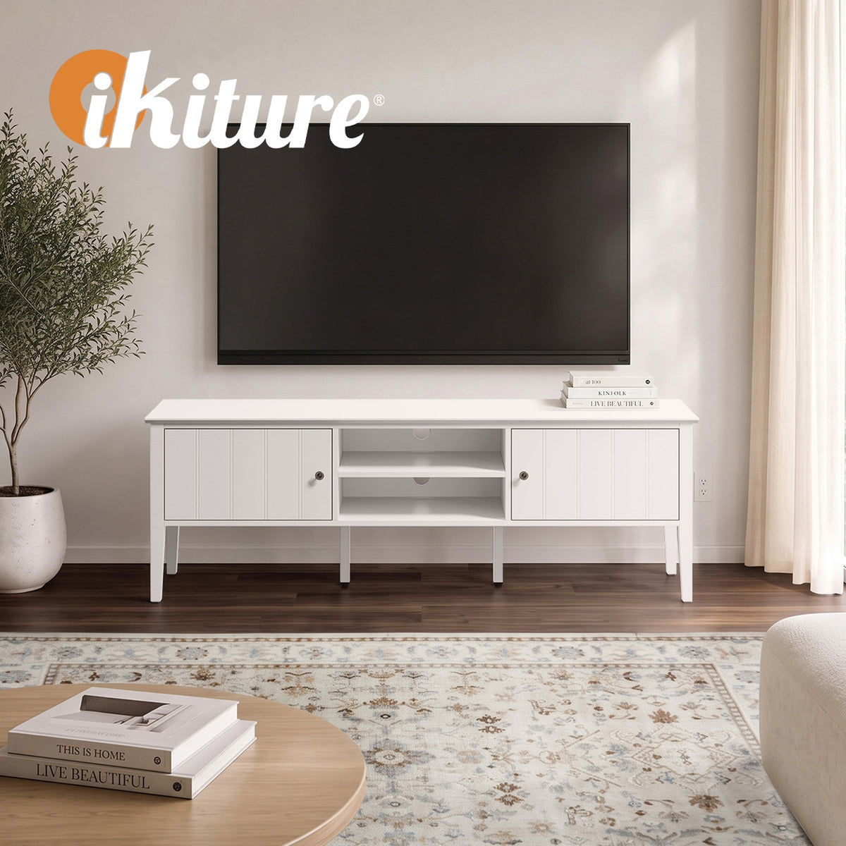 Oikiture TV Cabinet 150cm Entertainment Unit Stand Storage Shelves White - Sunyee