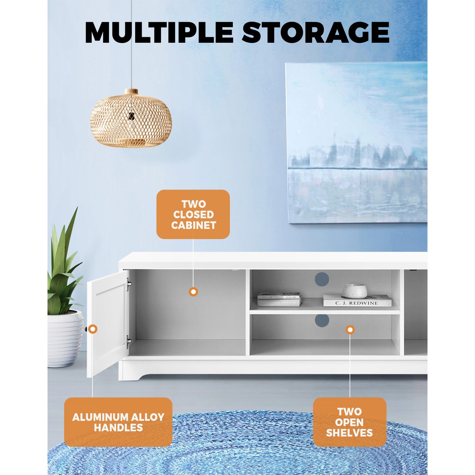 Oikiture TV Cabinet Entertainment Unit Stand Storage Hamptons Furniture 160CM - Sunyee