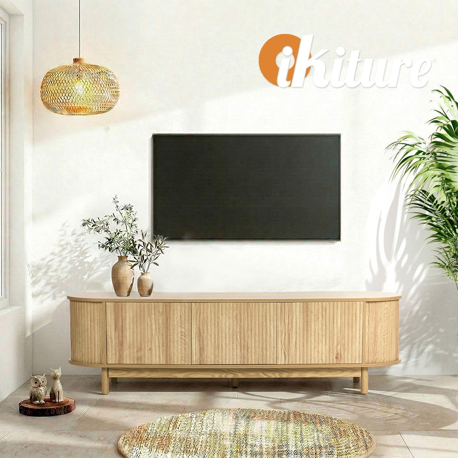 Oikiture TV Cabinet Entertainment Unit Stand 160cm Wooden Storage Shelf Natural