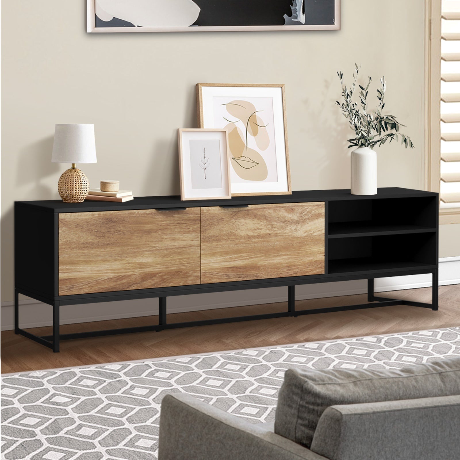 Oikiture TV Cabinet Entertainment Unit Stand Storage Shelves 180cm Black/Natural - Sunyee