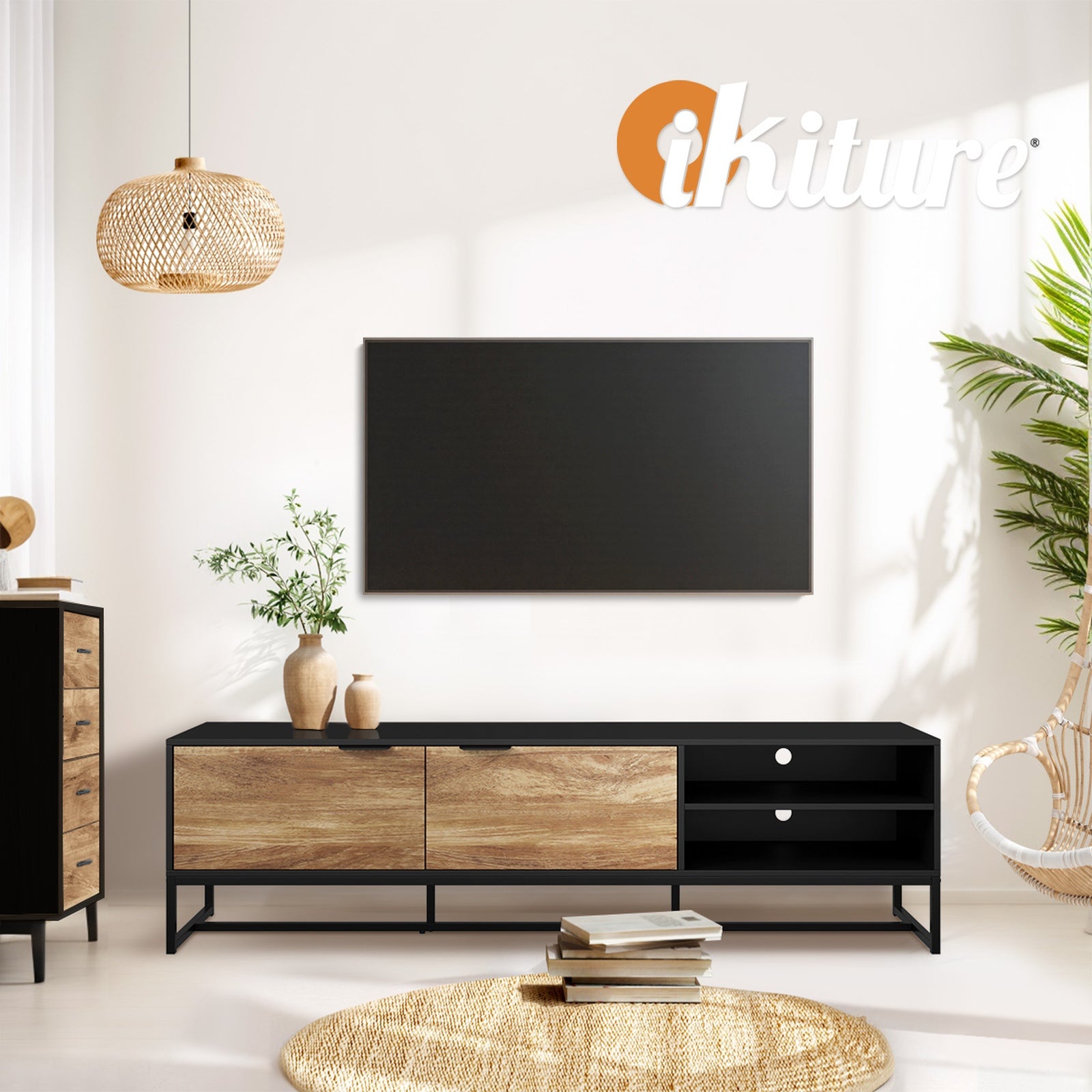 Oikiture TV Cabinet Entertainment Unit Stand Storage Shelves 180cm Black/Natural - Sunyee