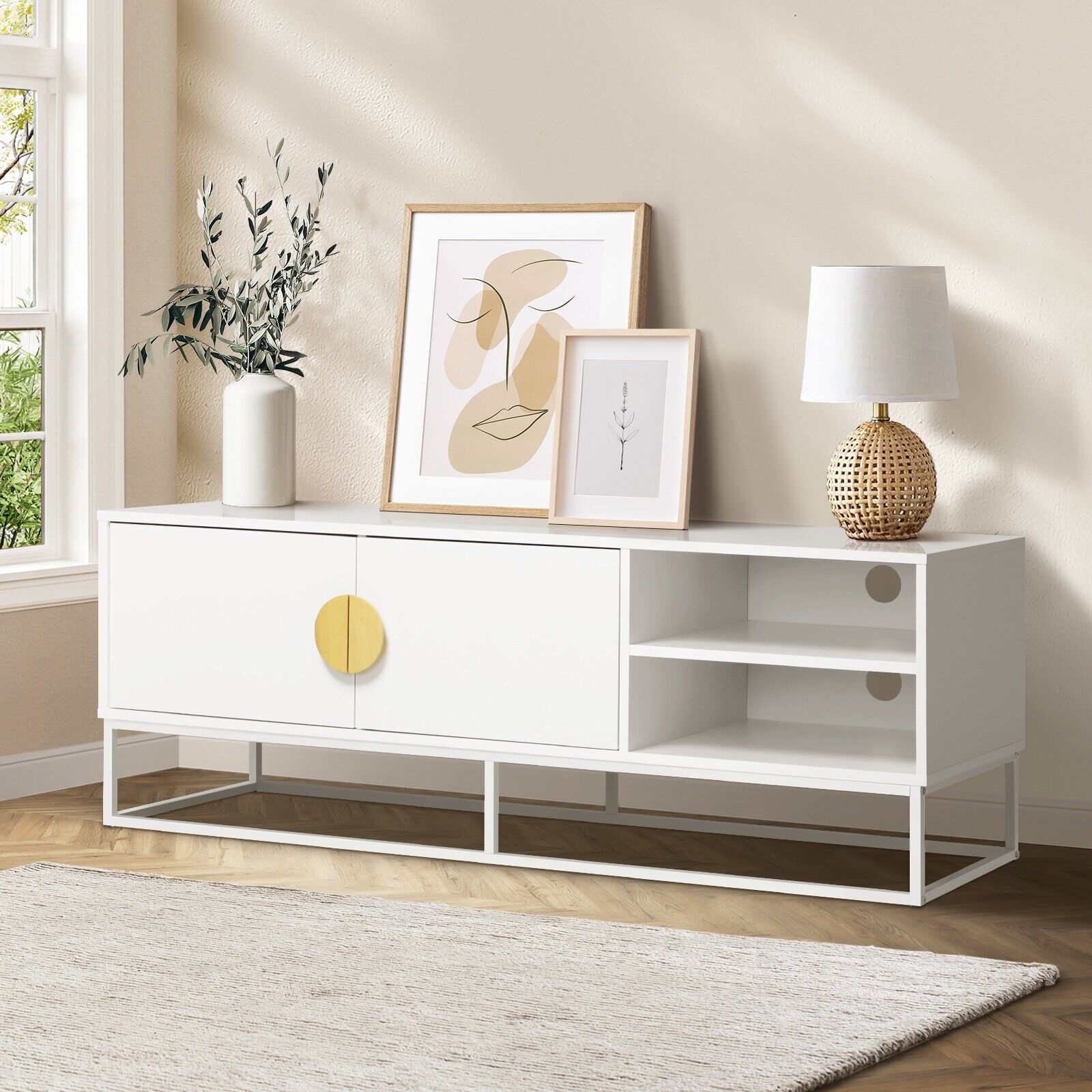 Oikiture TV Cabinet Entertainment Unit Stand Storage Two Door Shelf White 140CM - Sunyee