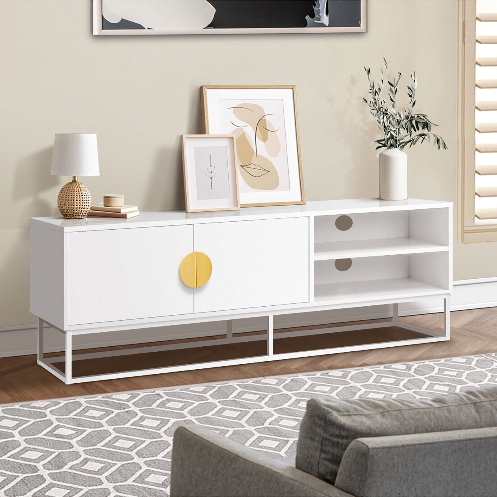 Oikiture TV Cabinet Entertainment Unit Stand Storage Two Door Shelf White 140CM - Sunyee