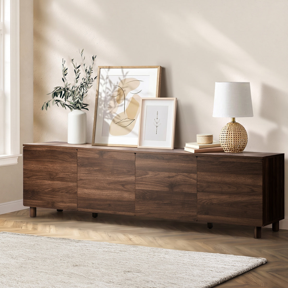 Oikiture 180cm TV Cabinet 4 Door Entertainment Unit Stand Storage Shelves Walnut