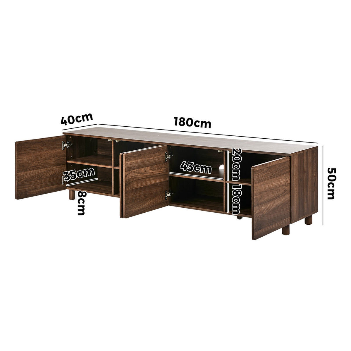 Oikiture 180cm TV Cabinet 4 Door Entertainment Unit Stand Storage Shelves Walnut