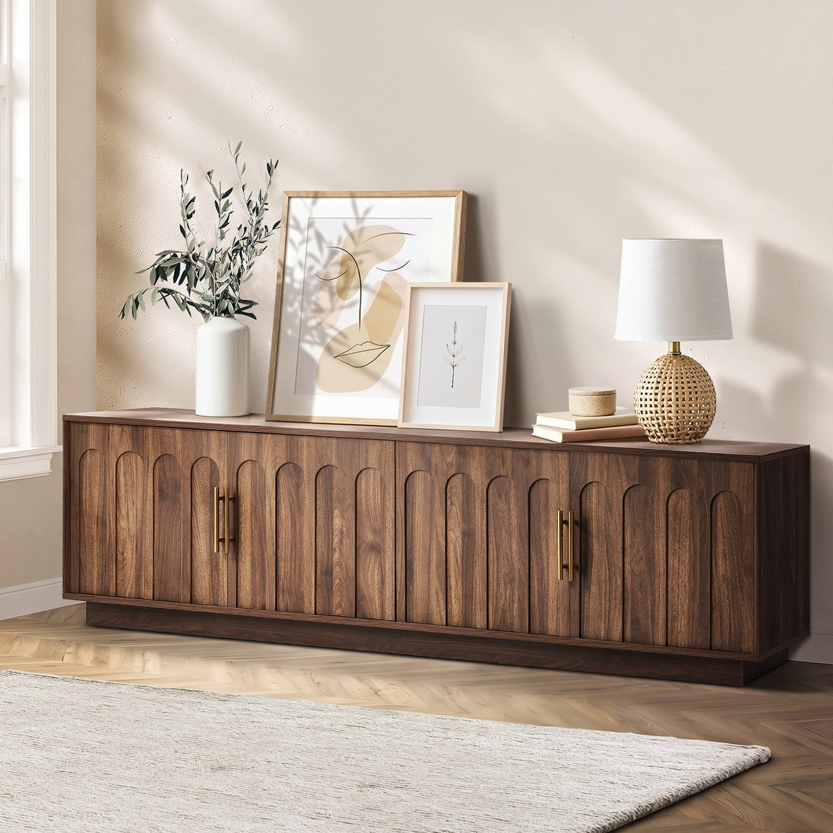Oikiture TV Cabinet 180cm Entertainment Unit Stand Storage Shelves 4 Door Walnut