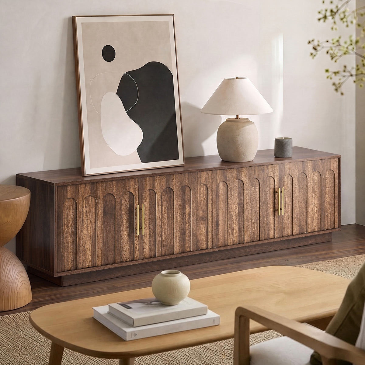 Oikiture TV Cabinet 180cm Entertainment Unit Stand Storage Shelves 4 Door Walnut