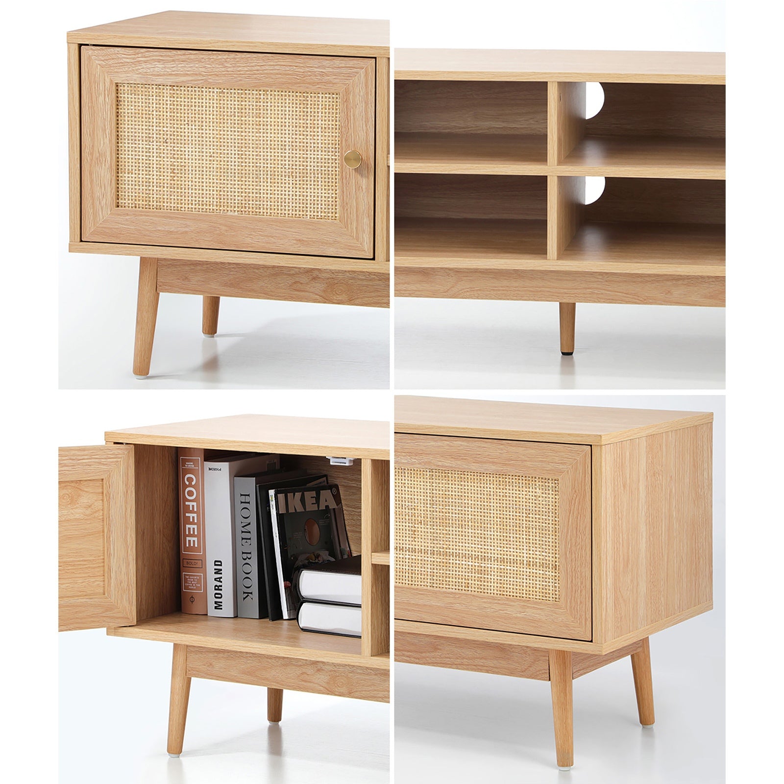 Oikiture TV Cabinet Entertainment Unit Stand Storage 180cm Rattan Drawers Oak - Sunyee