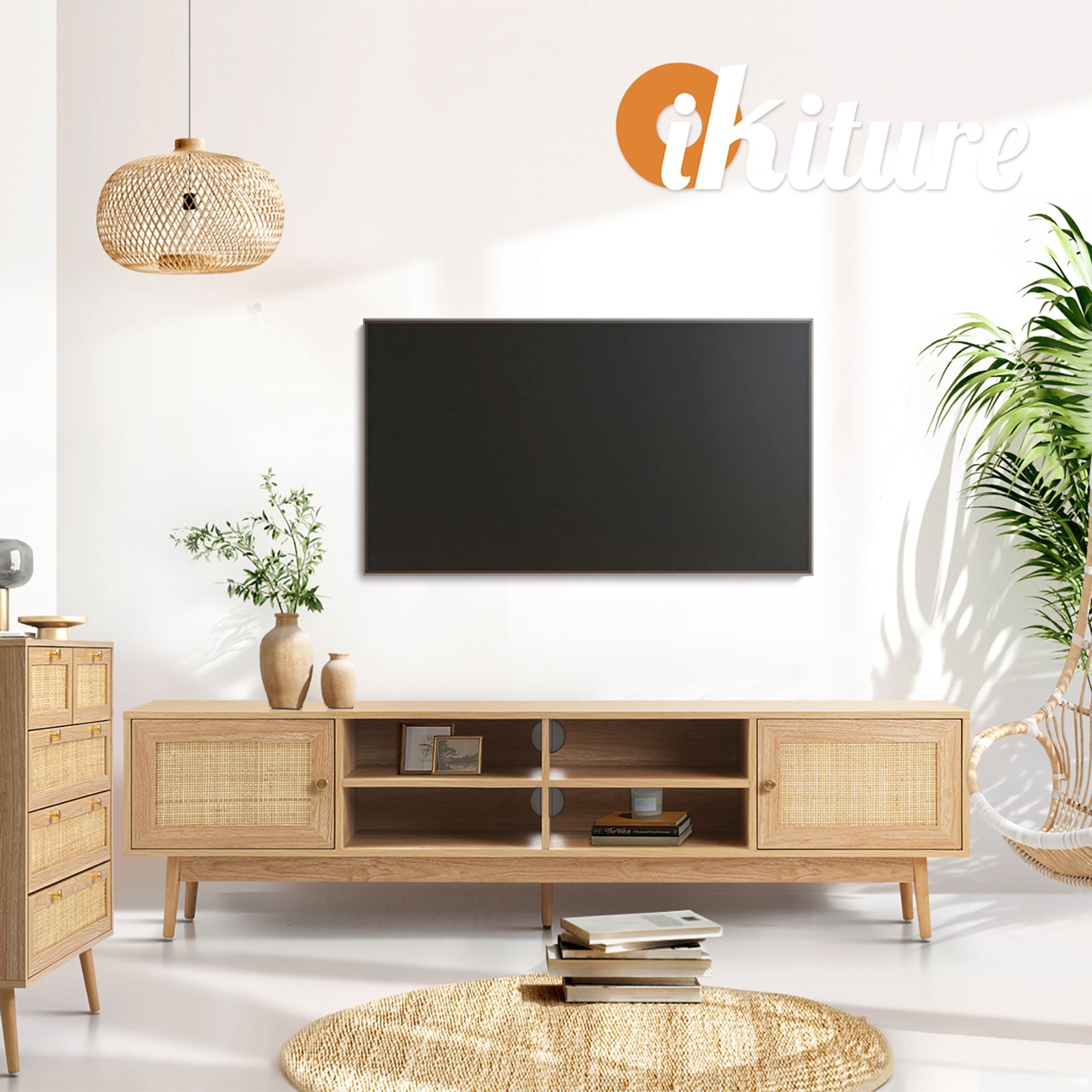 Oikiture TV Cabinet Entertainment Unit Stand Storage 180cm Rattan Drawers Oak - Sunyee