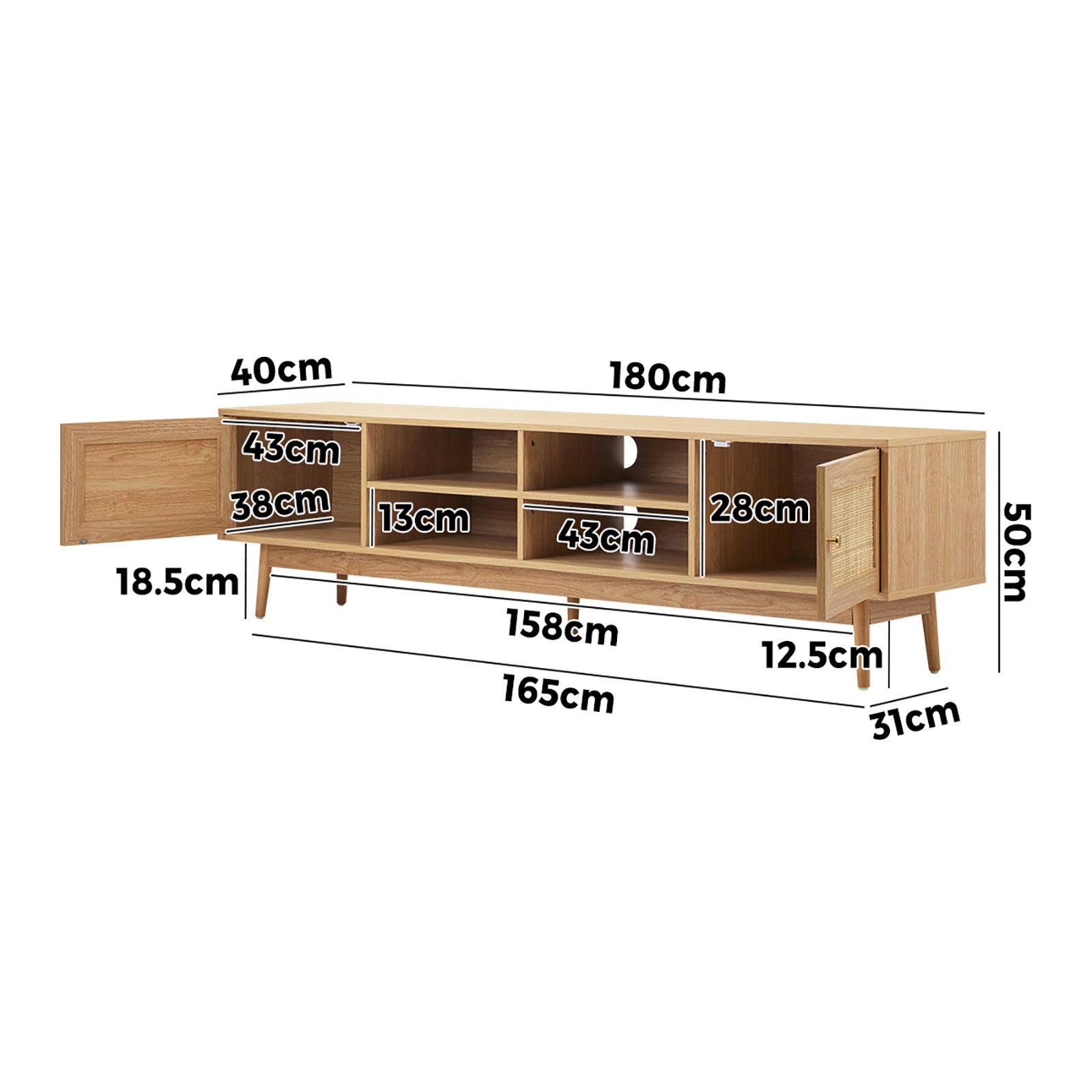 Oikiture TV Cabinet Entertainment Unit Stand Storage 180cm Rattan Drawers Oak - Sunyee