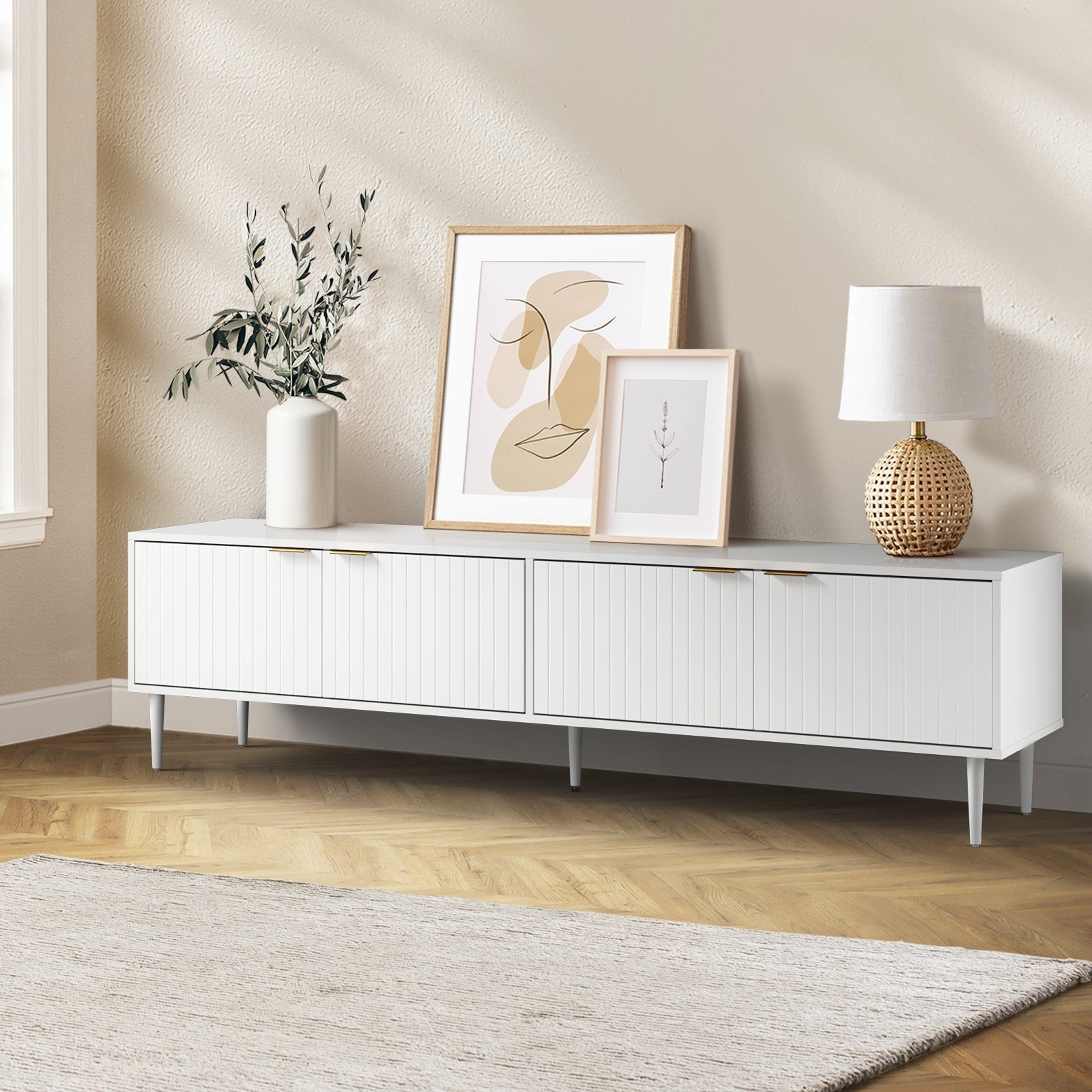 Oikiture TV Cabinet Entertainment Unit Stand 180cm Storage Shelf Four Door White - Sunyee