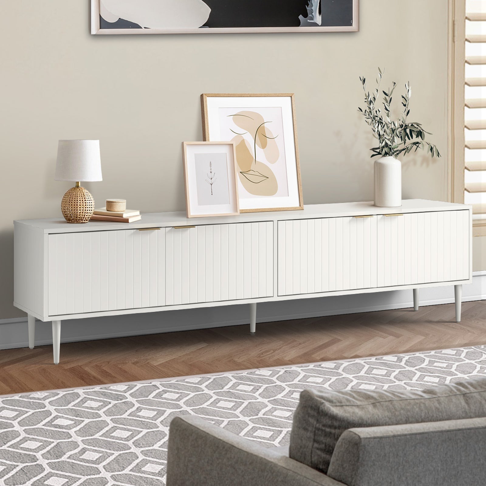 Oikiture TV Cabinet Entertainment Unit Stand 180cm Storage Shelf Four Door White - Sunyee