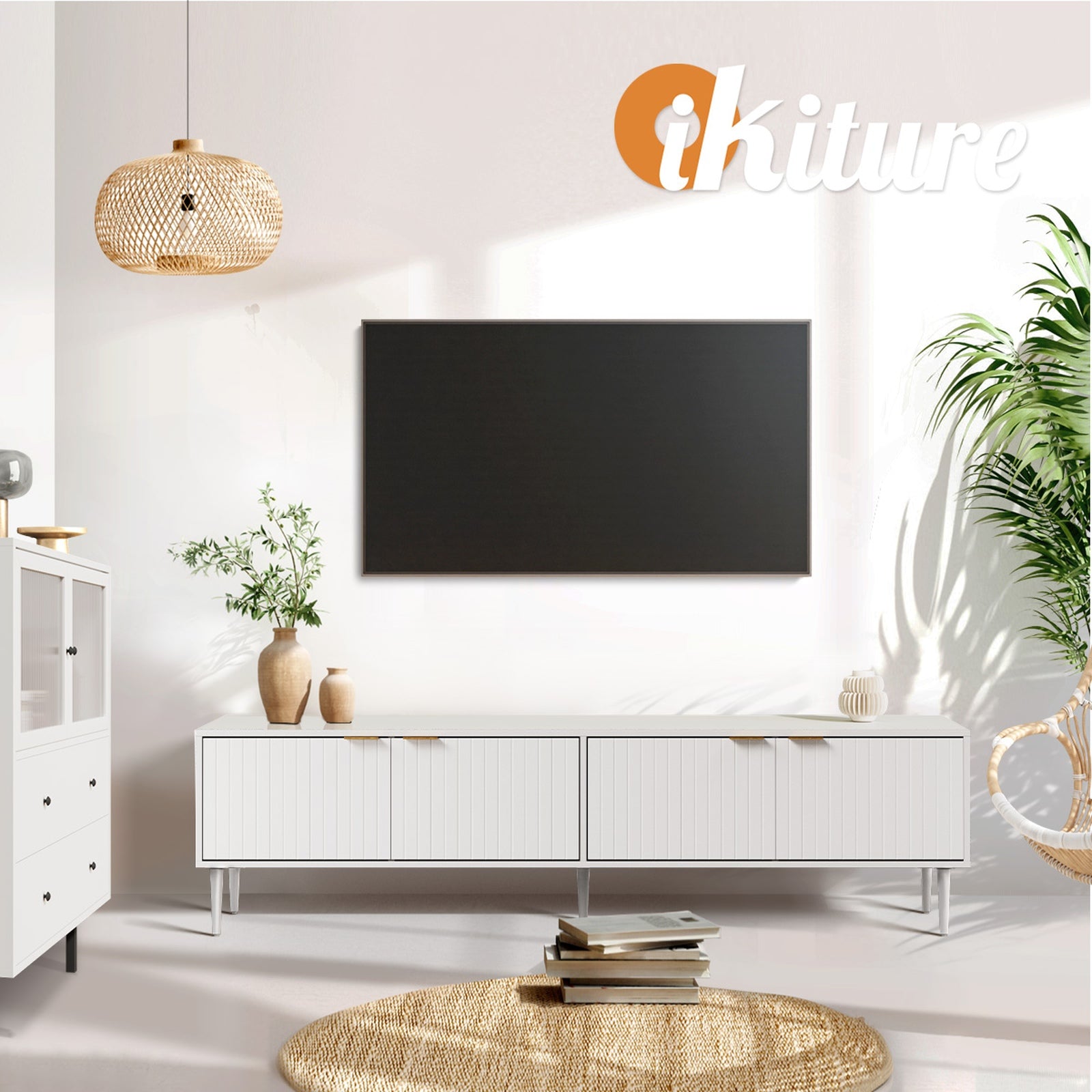 Oikiture TV Cabinet Entertainment Unit Stand 180cm Storage Shelf Four Door White - Sunyee