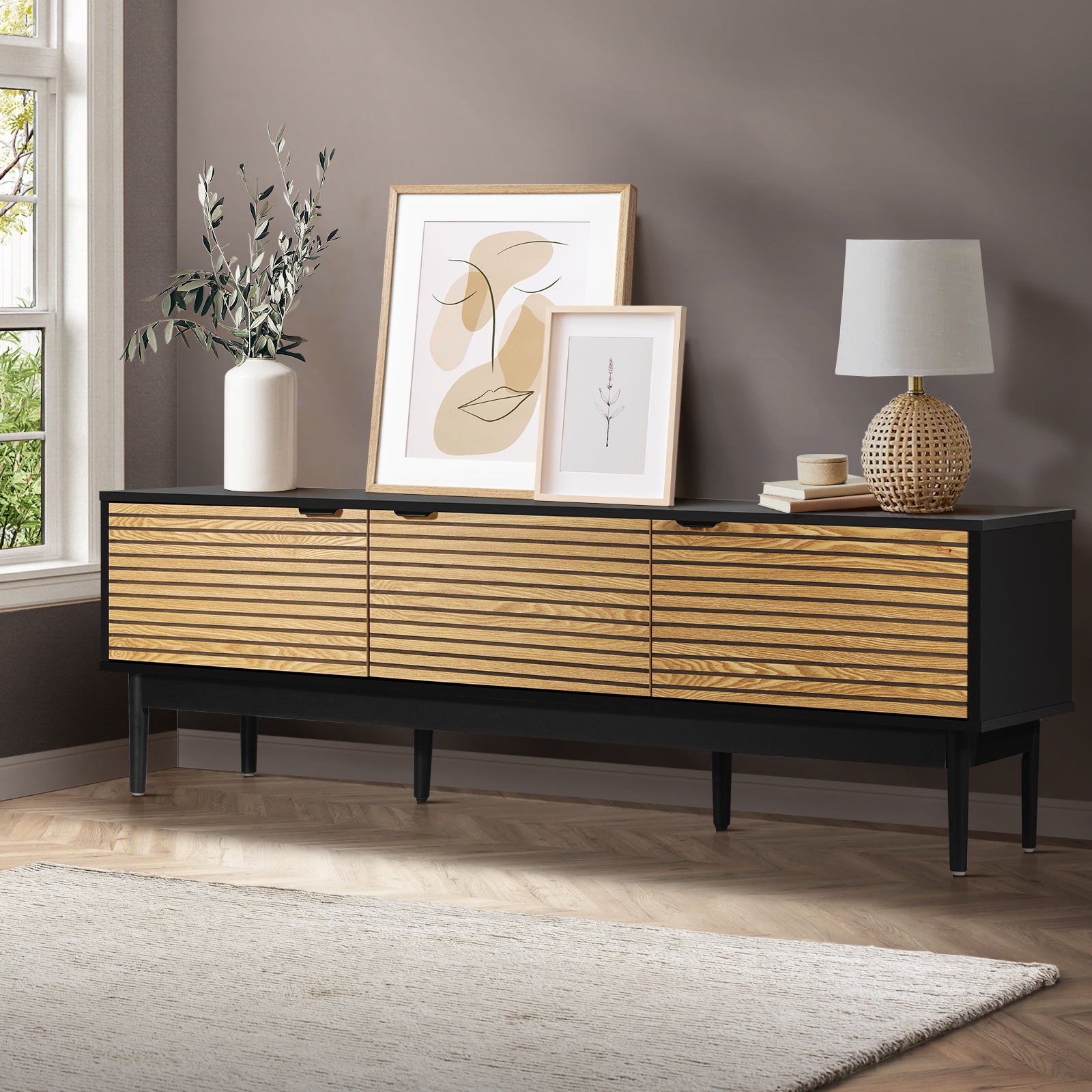 Oikiture TV Cabinet Entertainment Unit Stand Storage Three Door 160CM - Sunyee