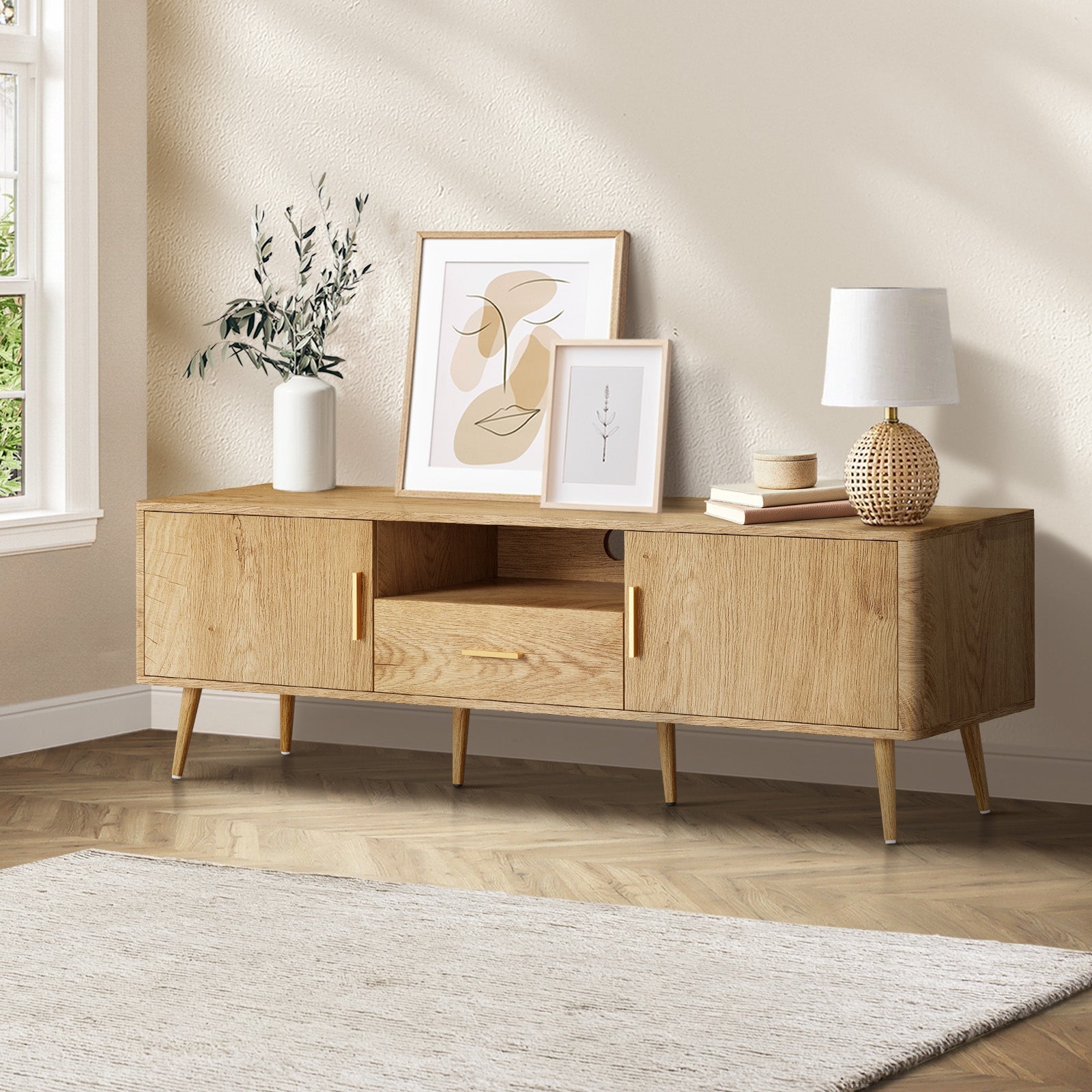 Oikiture TV Cabinet Entertainment Unit Stand 160cm Storage Drawer Shelf Natural - Sunyee