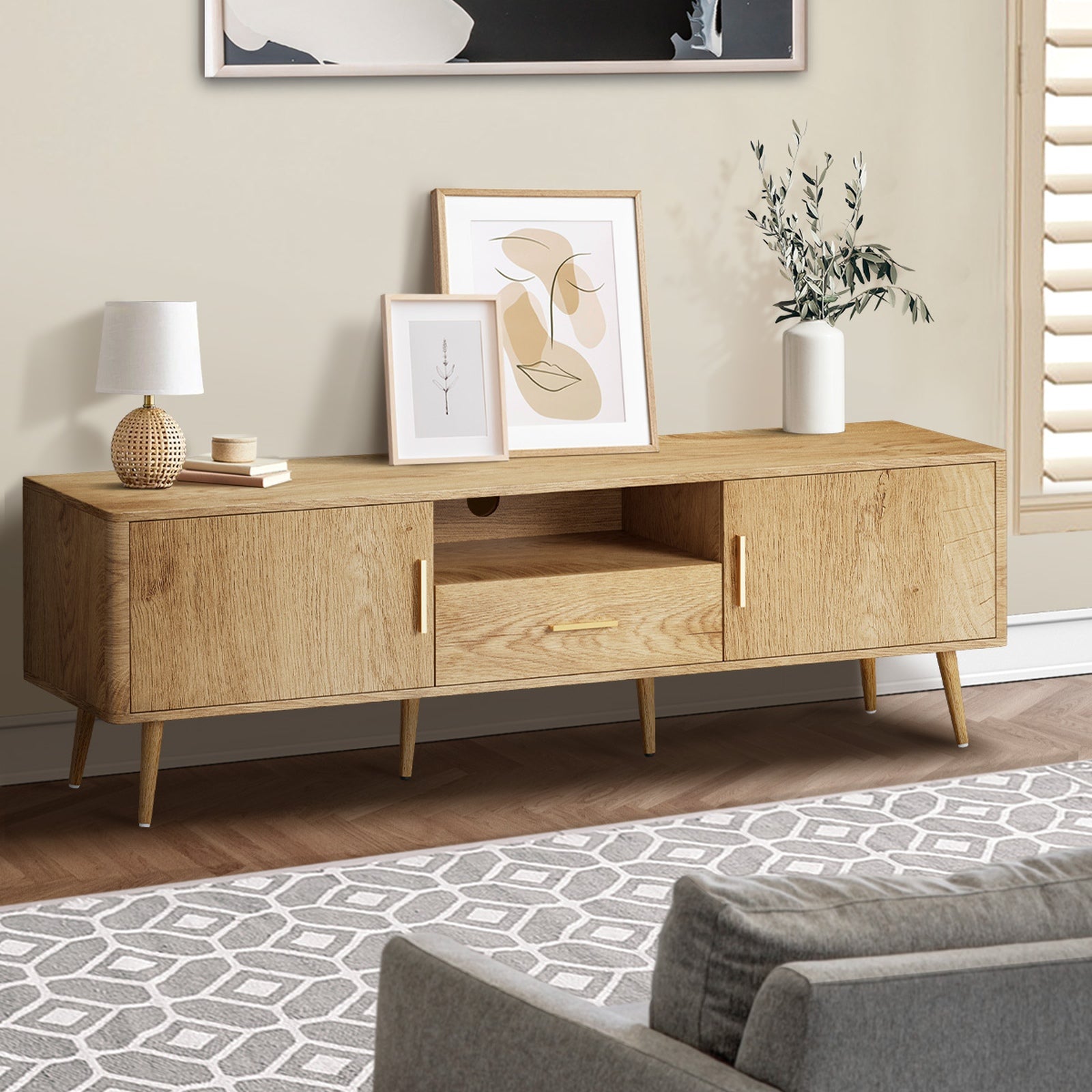 Oikiture TV Cabinet Entertainment Unit Stand 160cm Storage Drawer Shelf Natural - Sunyee