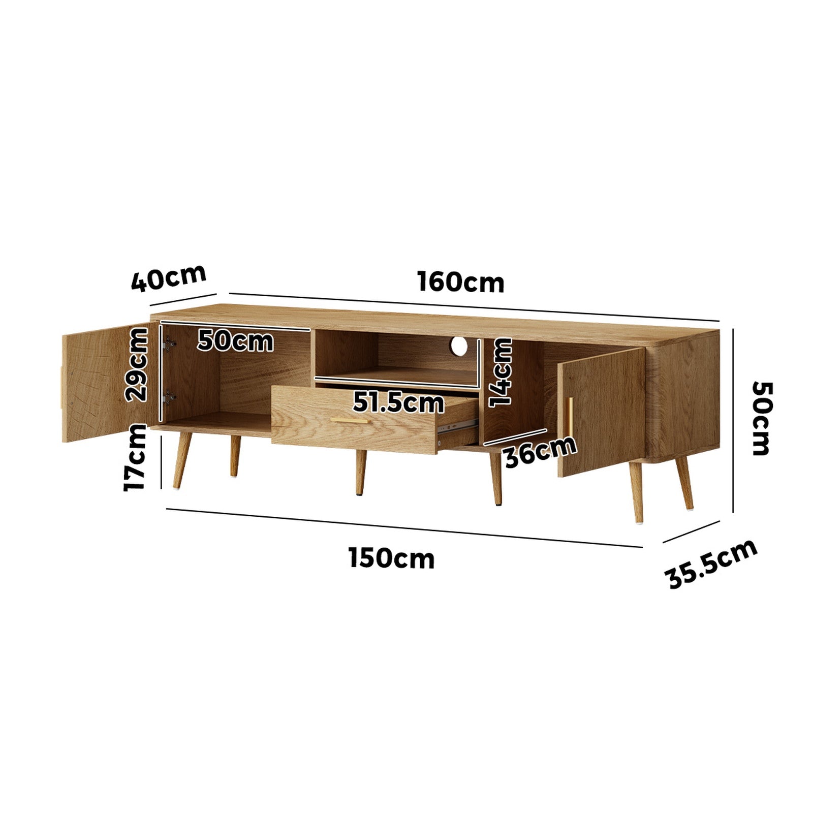 Oikiture TV Cabinet Entertainment Unit Stand 160cm Storage Drawer Shelf Natural - Sunyee