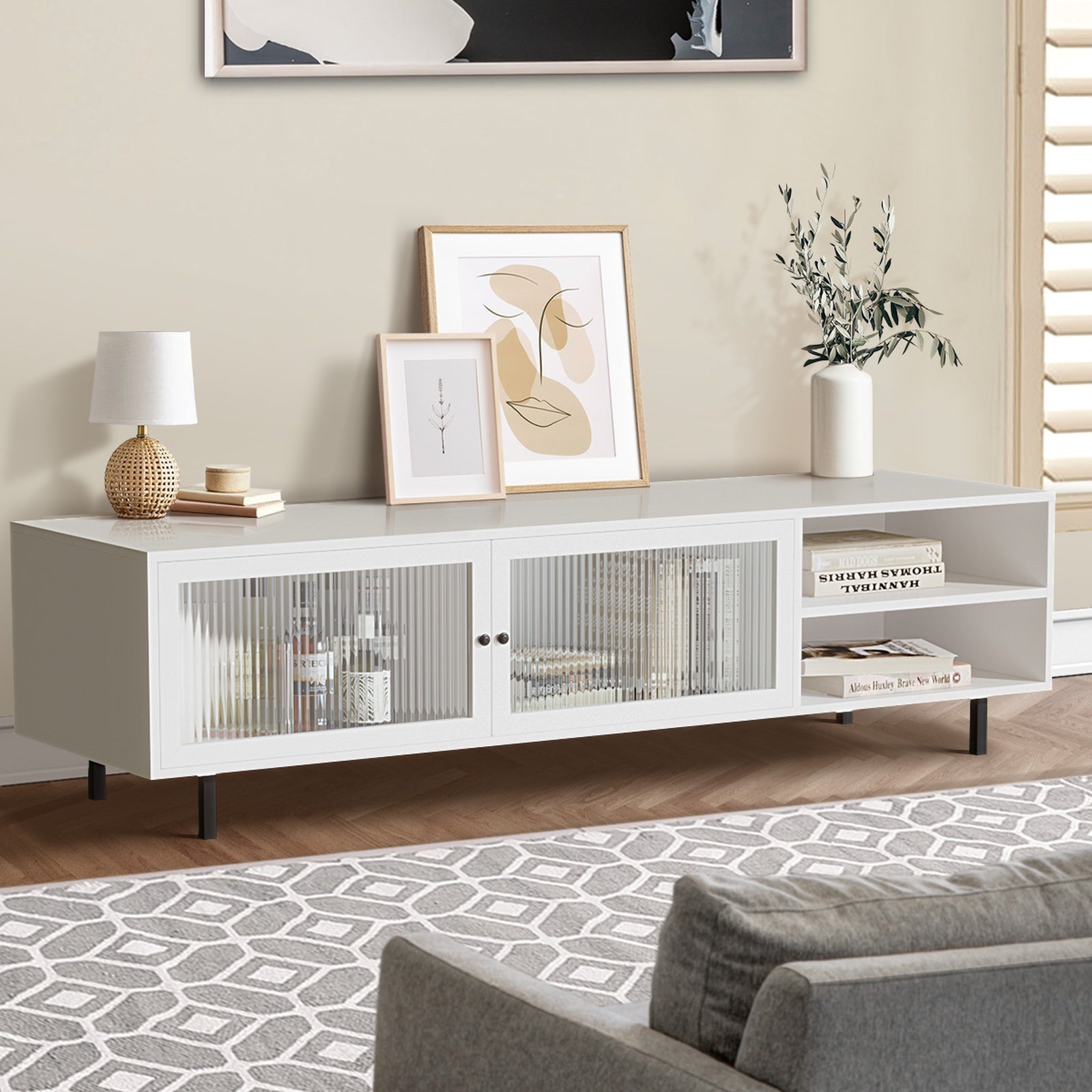 Oikiture TV Cabinet Entertainment Unit Stand Tempered-glass Doors Storage Shelf - Sunyee