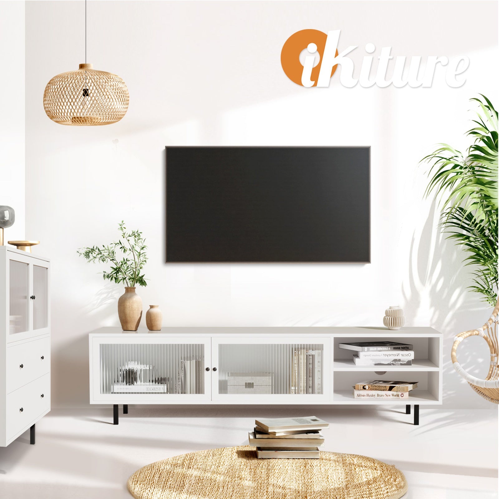 Oikiture TV Cabinet Entertainment Unit Stand Tempered-glass Doors Storage Shelf - Sunyee