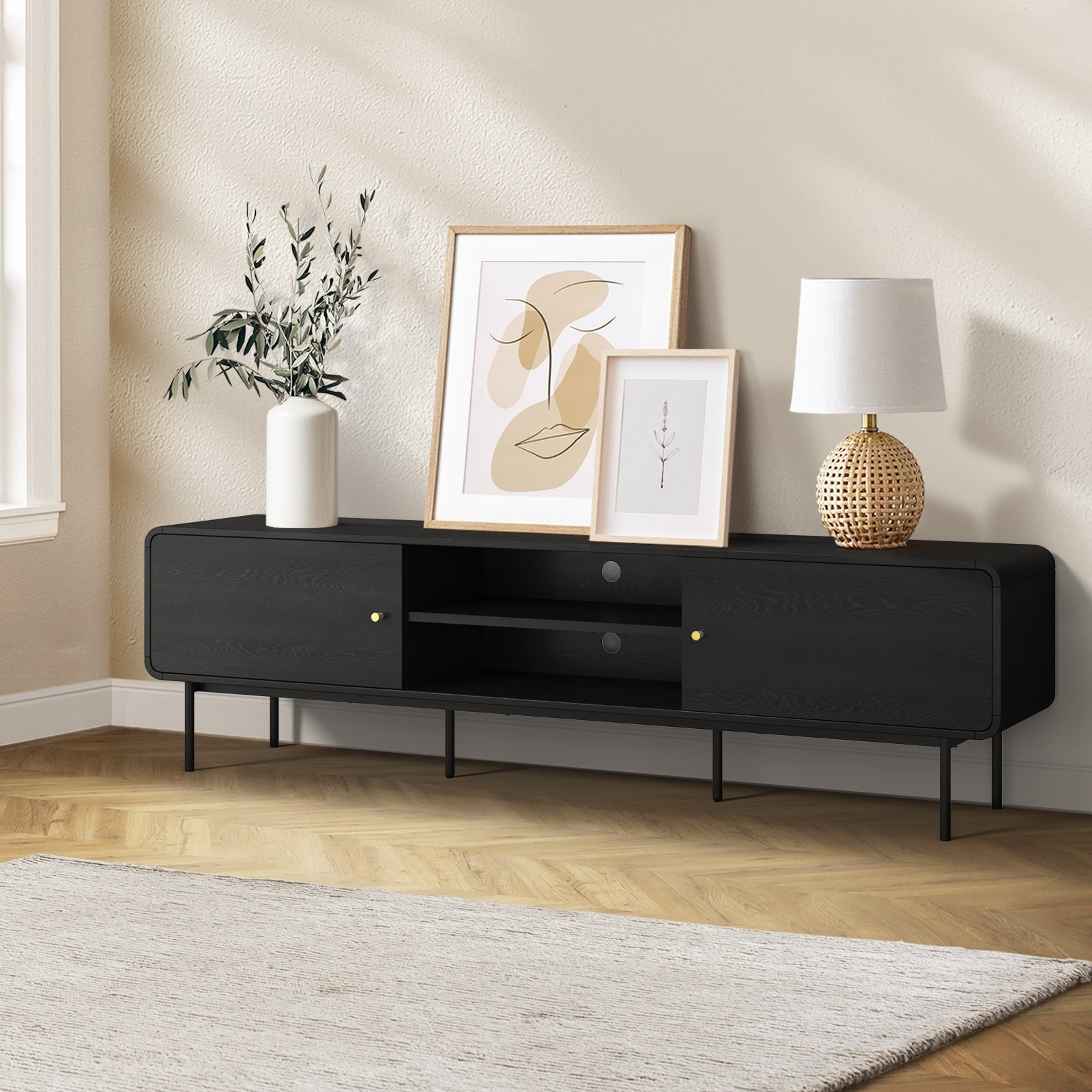 Oikiture TV Cabinet Entertainment Unit Stand 180cm Wooden Storage Shelves Black - Sunyee