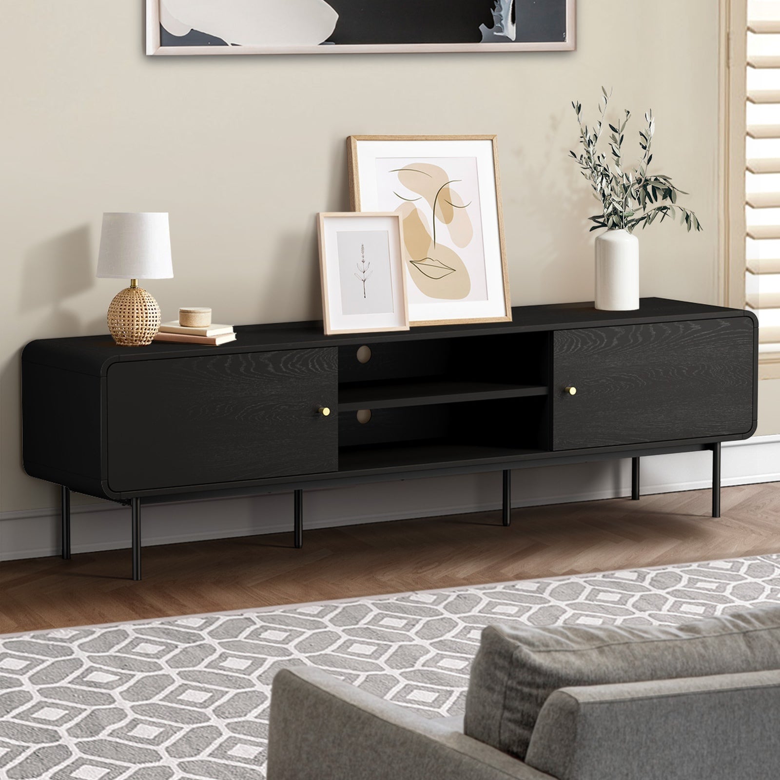 Oikiture TV Cabinet Entertainment Unit Stand 180cm Wooden Storage Shelves Black - Sunyee