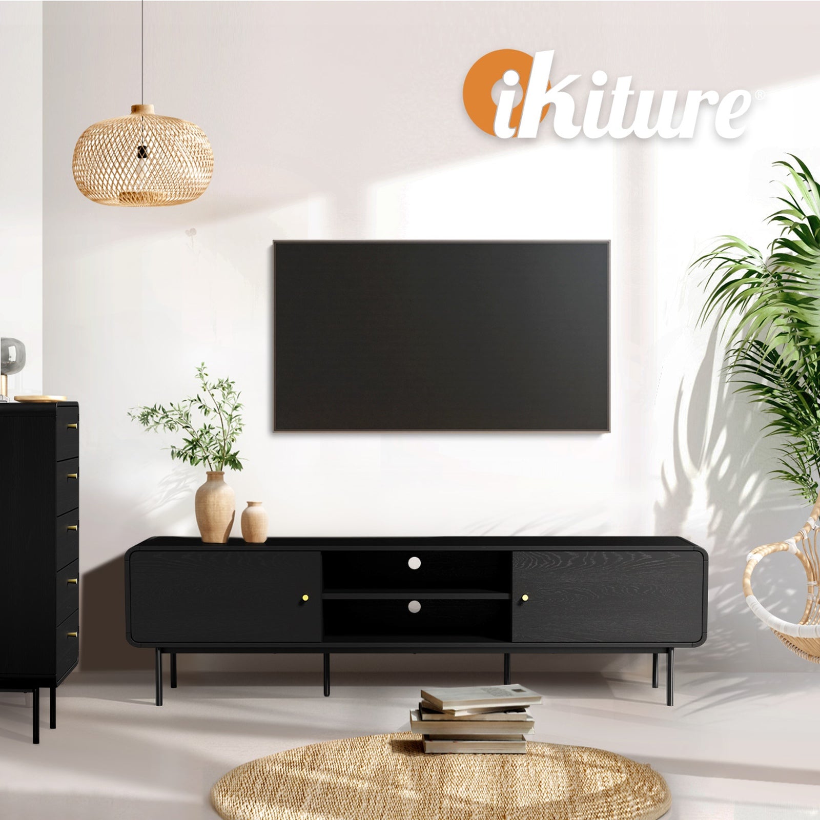 Oikiture TV Cabinet Entertainment Unit Stand 180cm Wooden Storage Shelves Black - Sunyee