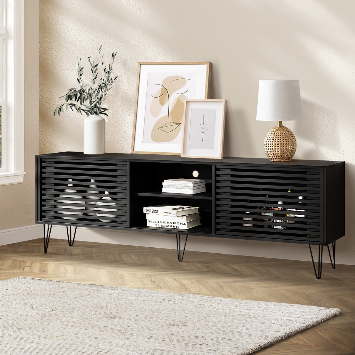 Oikiture TV Cabinet Entertainment Unit Stand Storage Sliding Door 180cm Black - Sunyee