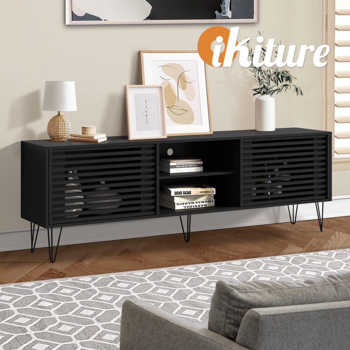 Oikiture TV Cabinet Entertainment Unit Stand Storage Sliding Door 180cm Black - Sunyee