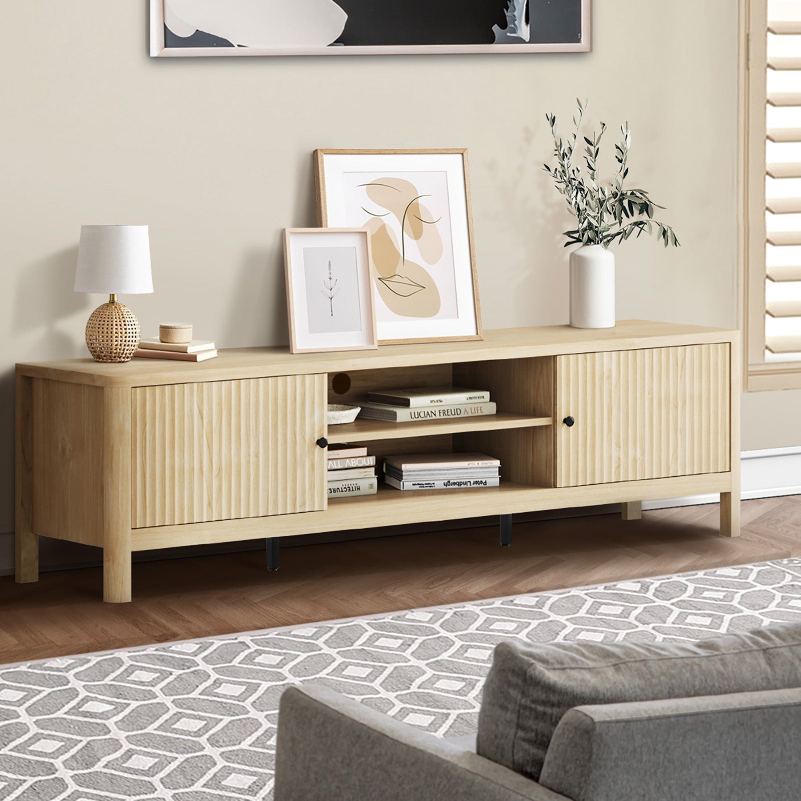 Oikiture TV Cabinet Entertainment Unit Stand Storage Shelves 160cm Natural