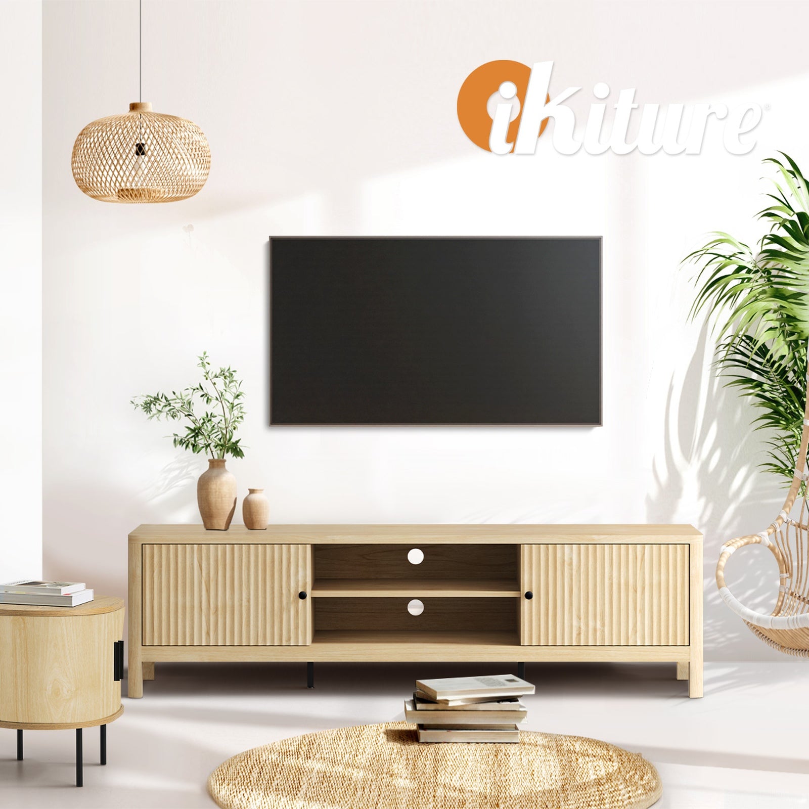 Oikiture TV Cabinet Entertainment Unit Stand Storage Shelves 160cm Natural