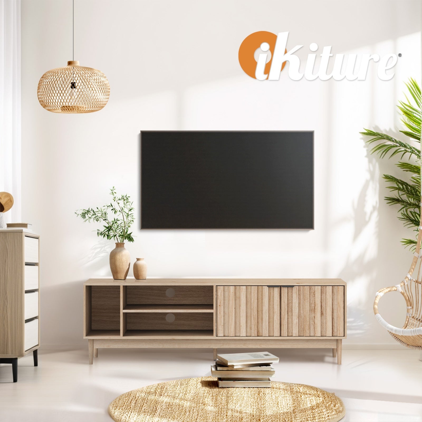 Oikiture TV Cabinet Entertainment Unit Stand Storage Shelf 160cm Ripple Door - Sunyee