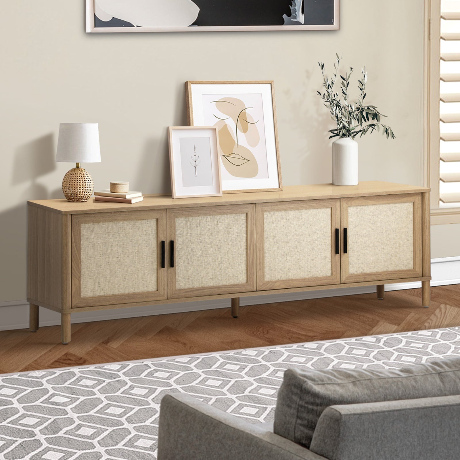 Oikiture TV Cabinet Entertainment Unit Stand 160cm Storage Rattan Doors Natural - Sunyee