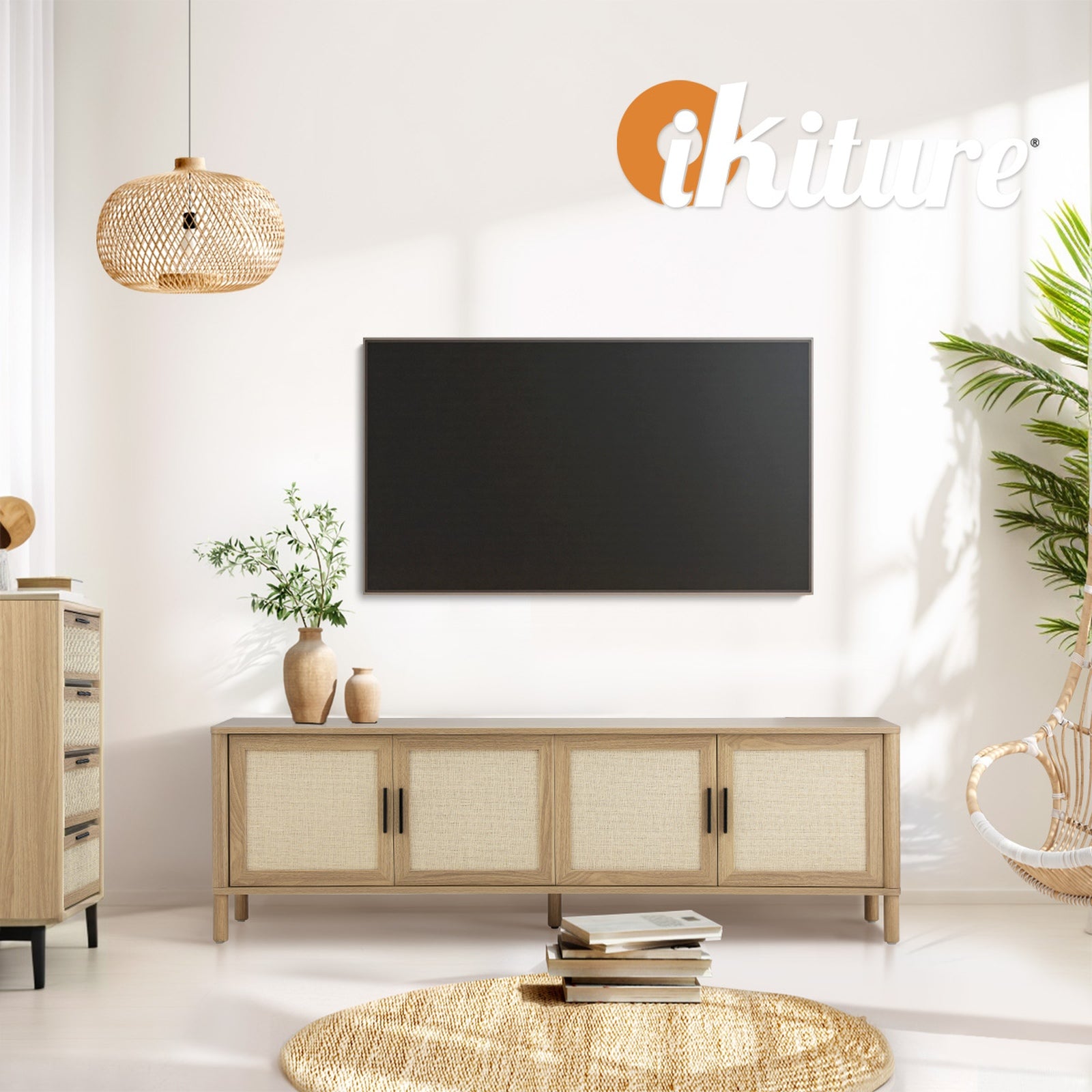 Oikiture TV Cabinet Entertainment Unit Stand 160cm Storage Rattan Doors Natural - Sunyee