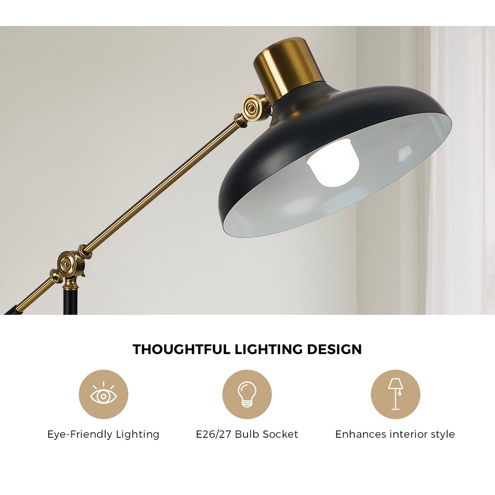 Oikiture Floor Lamps Adjustable Height Standing Metal Frame Black - Sunyee