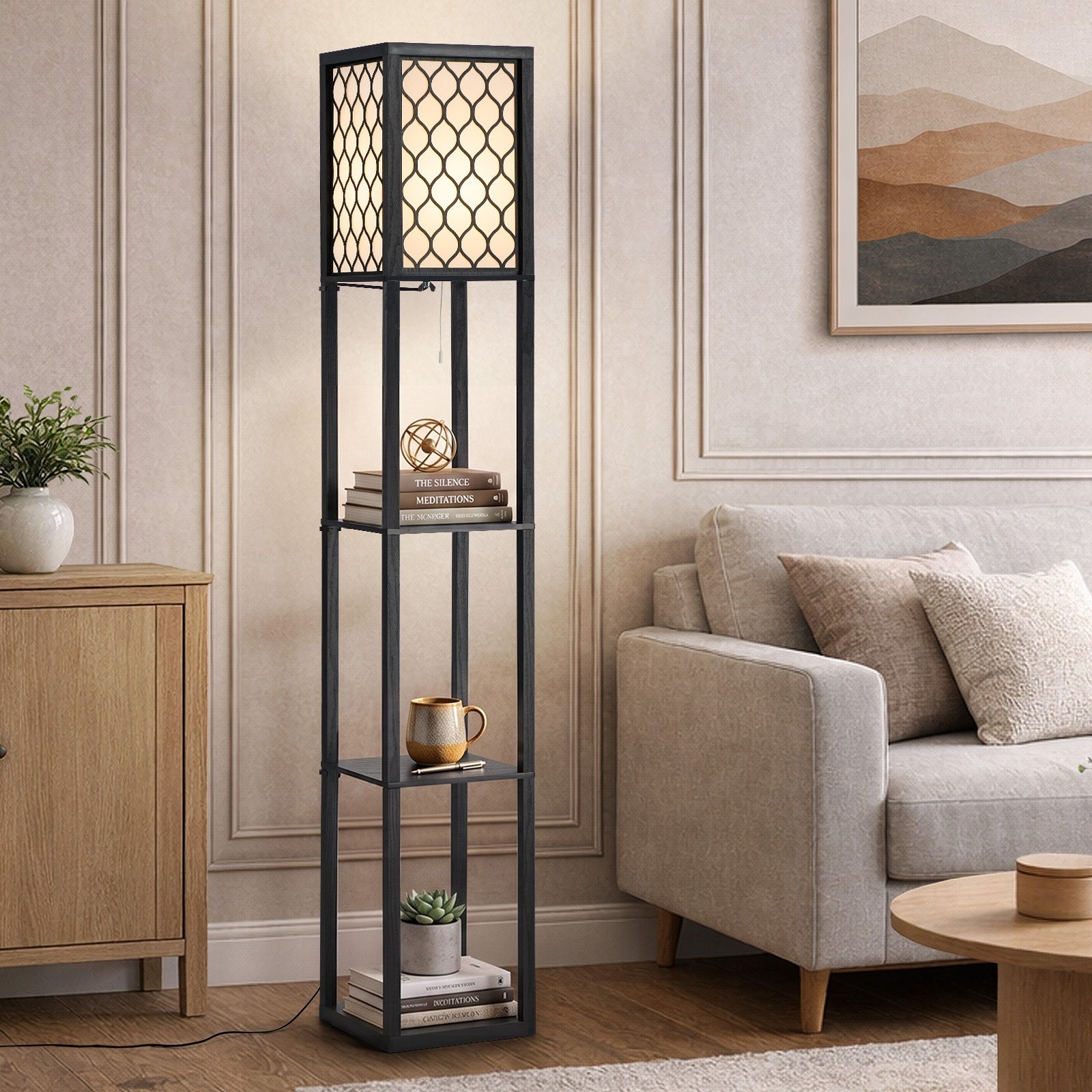 Oikiture Column Floor Lamps Freestanding Metal Lamp Fabric Shade 3-tier Shelves
