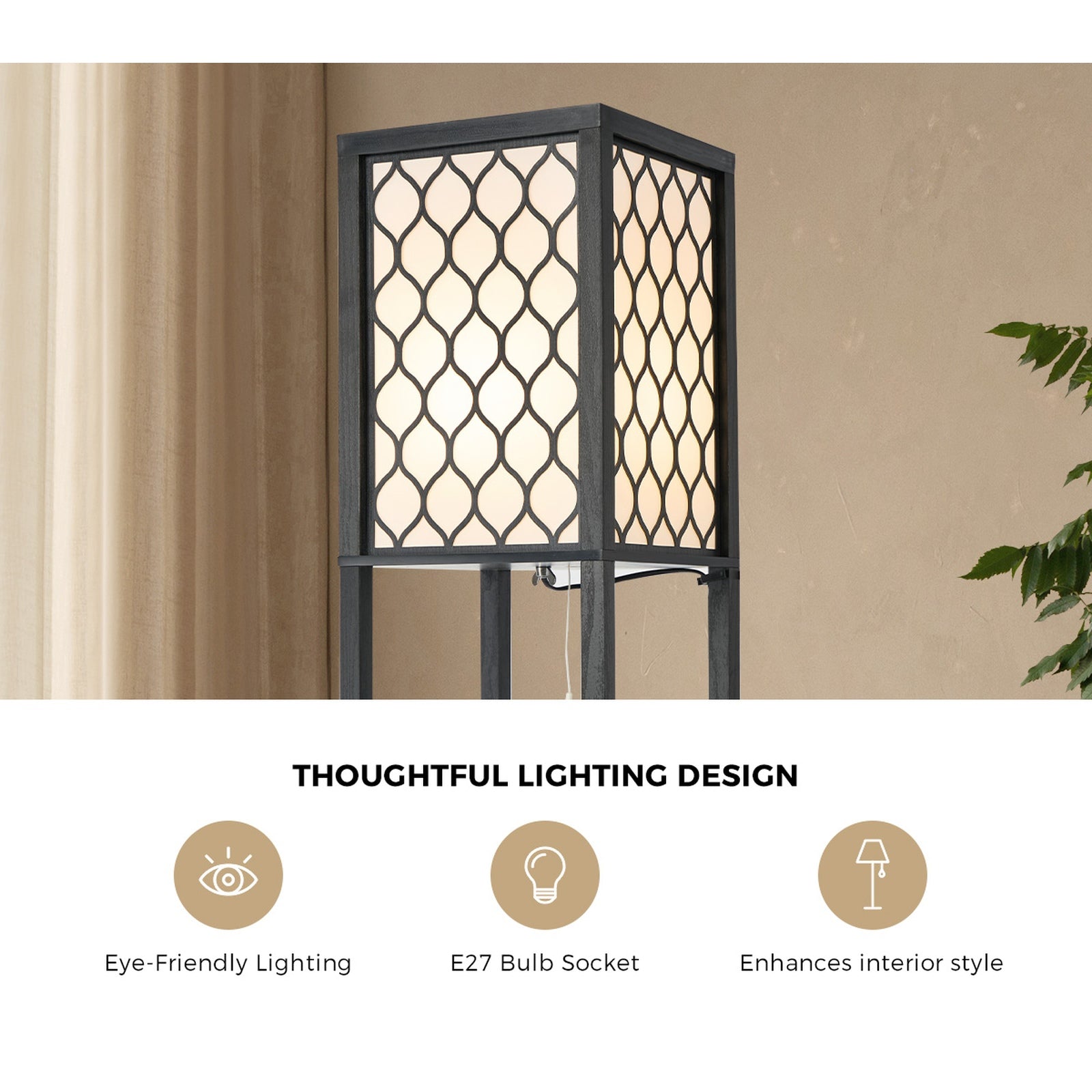 Oikiture Column Floor Lamps Freestanding Metal Lamp Fabric Shade 3-tier Shelves