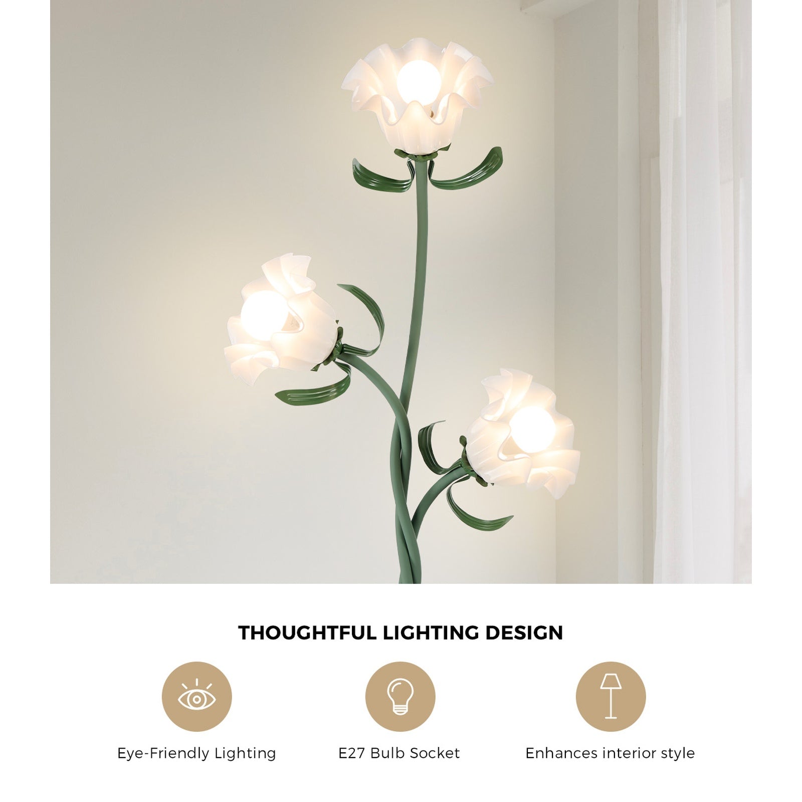 Oikiture 3-light Floor Lamps Freestanding Metal Lamp Acrylic Shade