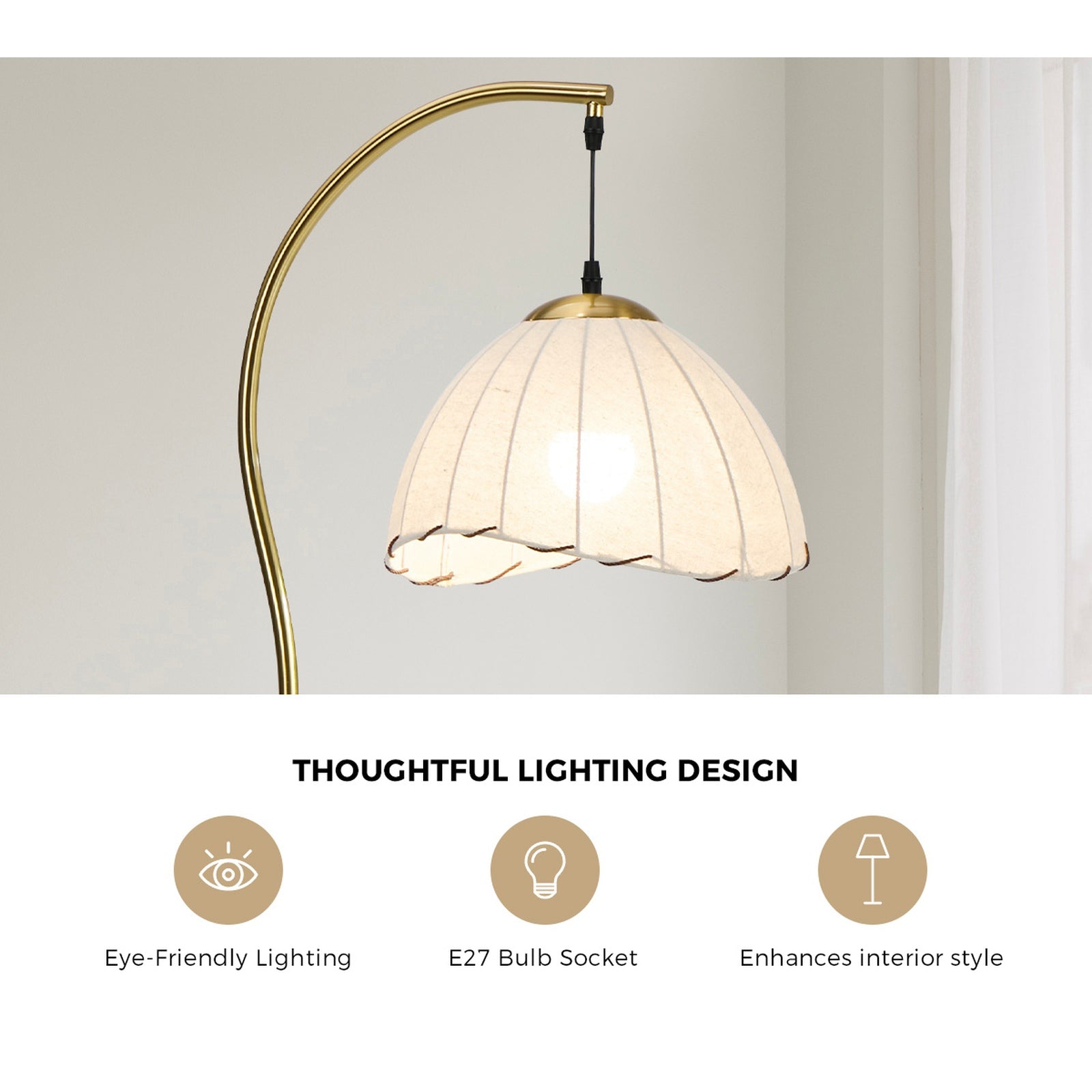 Oikiture Retro Floor Lamps Standing Lamp Fabric Shape Metal Frame Golden