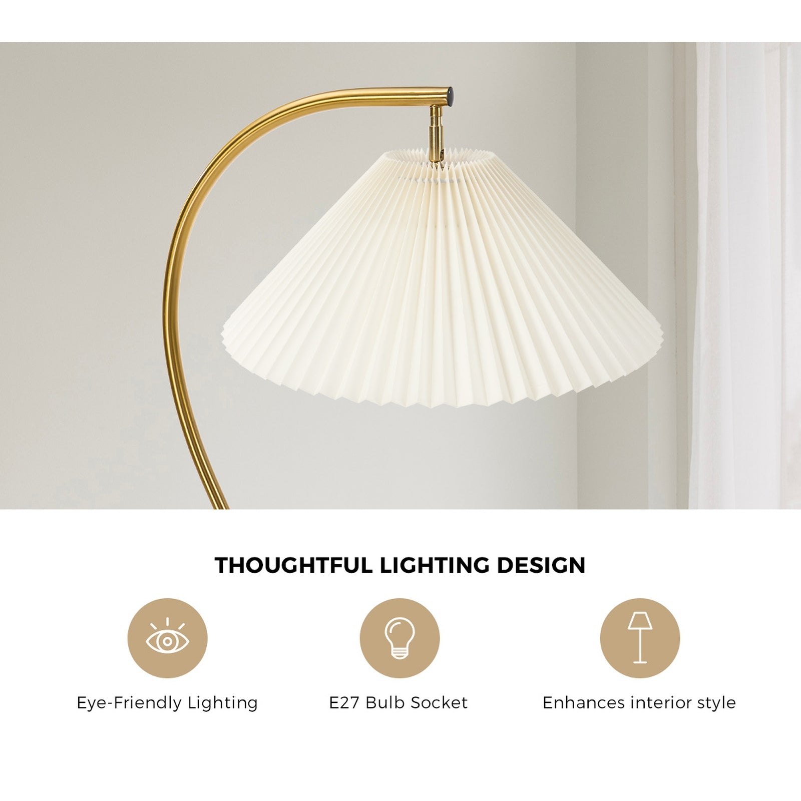 Oikiture Floor Lamp Standing Lamp Pleated Shade Metal Reading Lamp Golden
