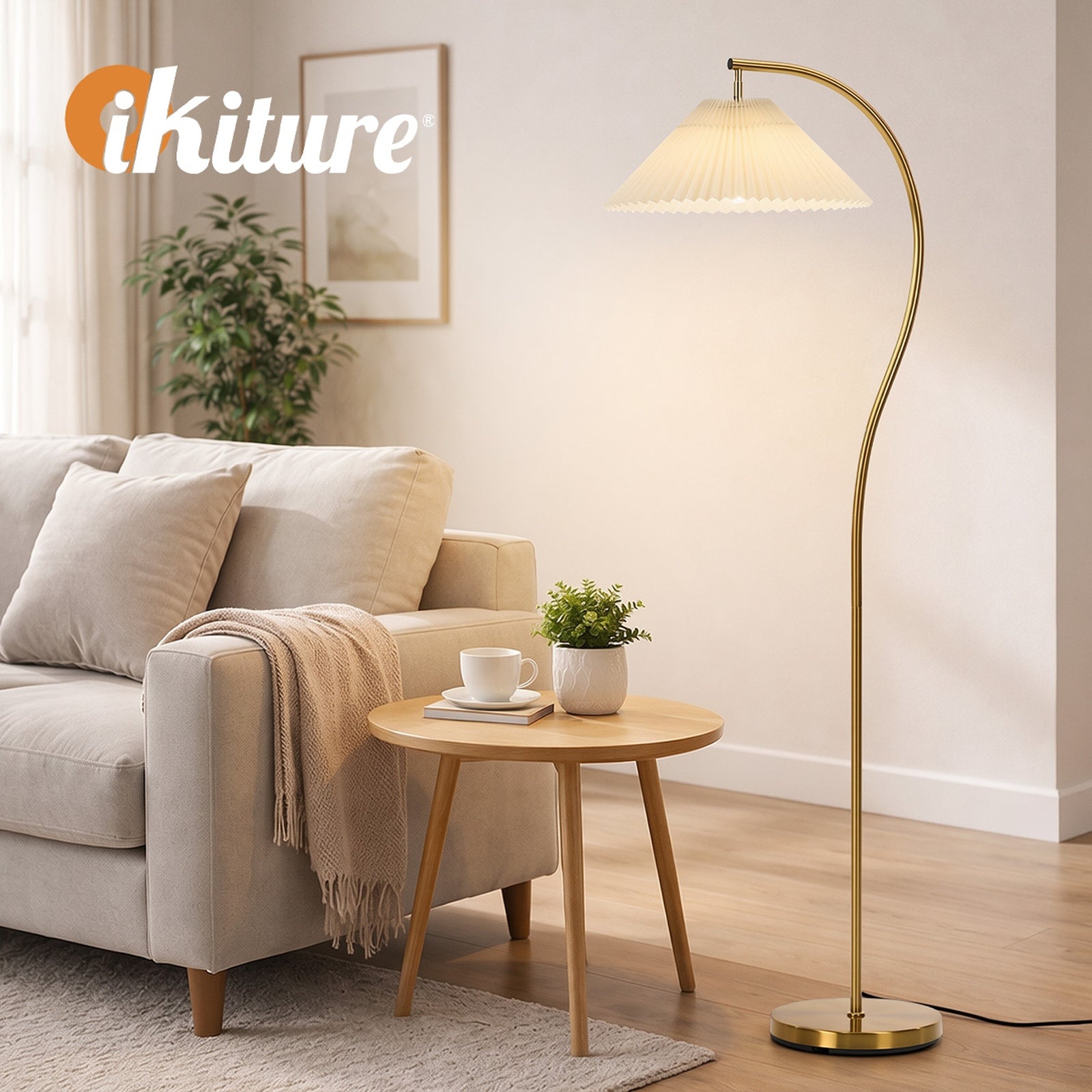 Oikiture Floor Lamp Standing Lamp Pleated Shade Metal Reading Lamp Golden