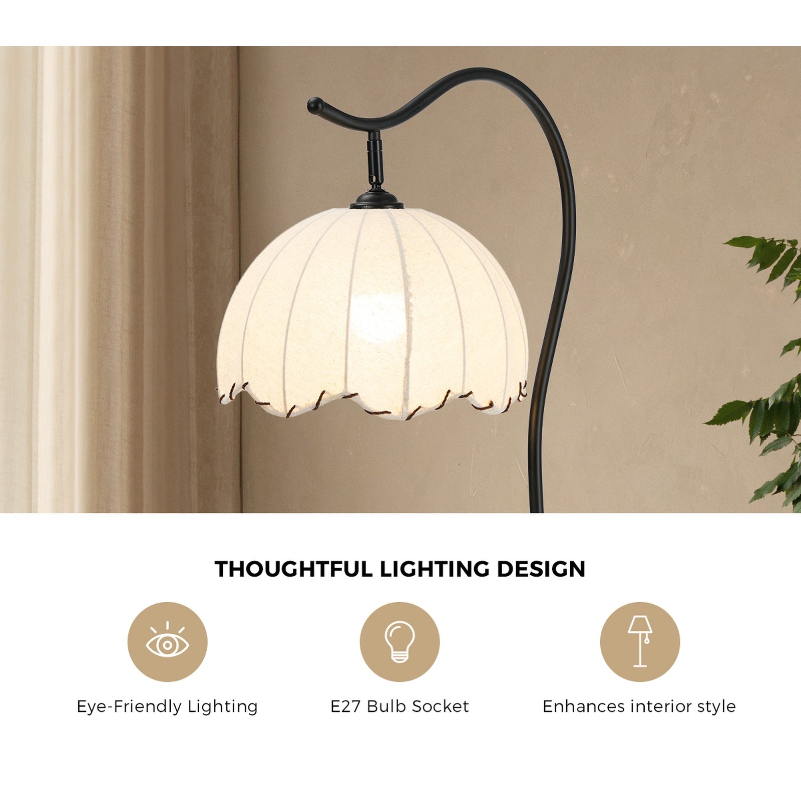Oikiture Metal Floor Lamps Freestanding Reading Lamp Fabric Shade w/Side Table