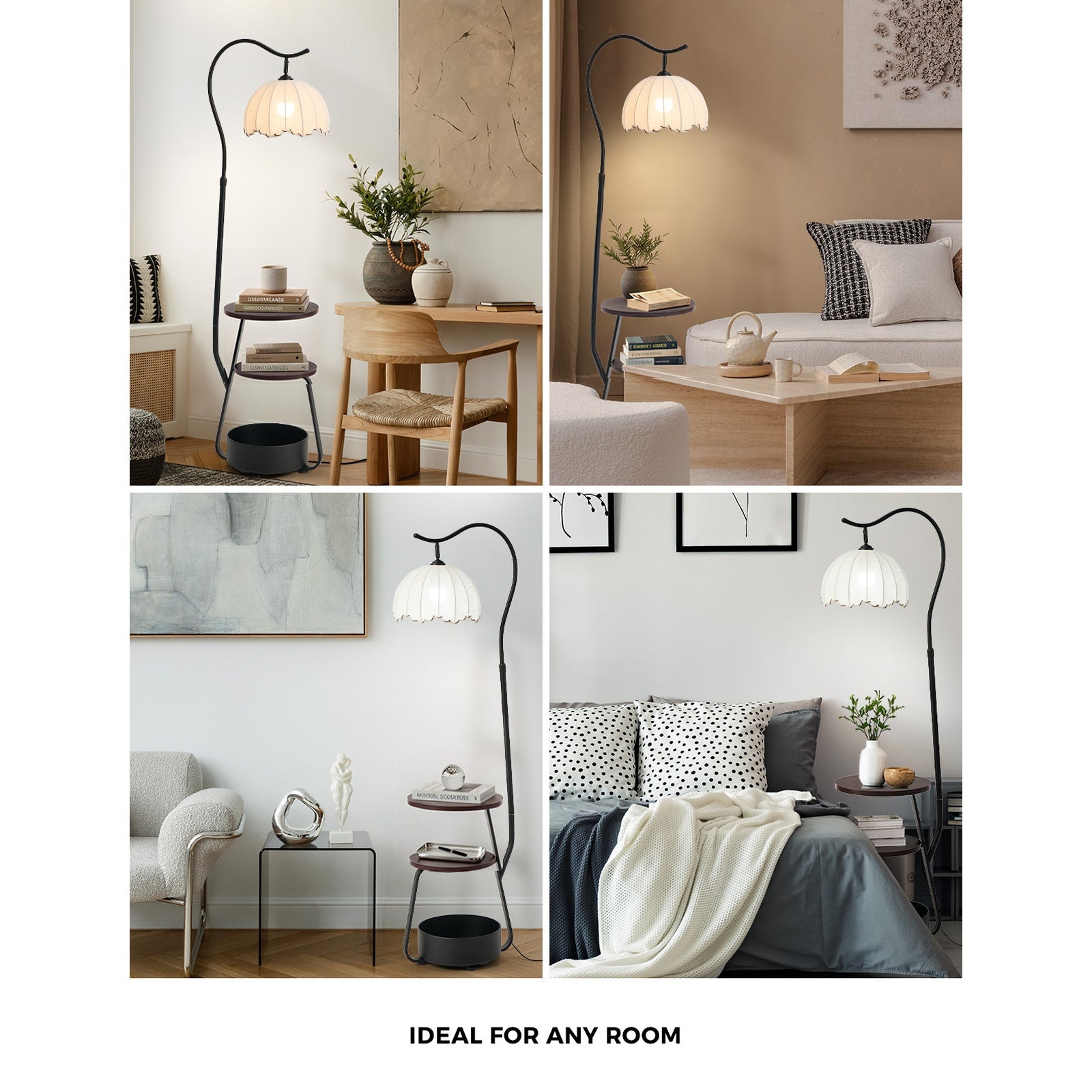 Oikiture Metal Floor Lamps Freestanding Reading Lamp Fabric Shade w/Side Table