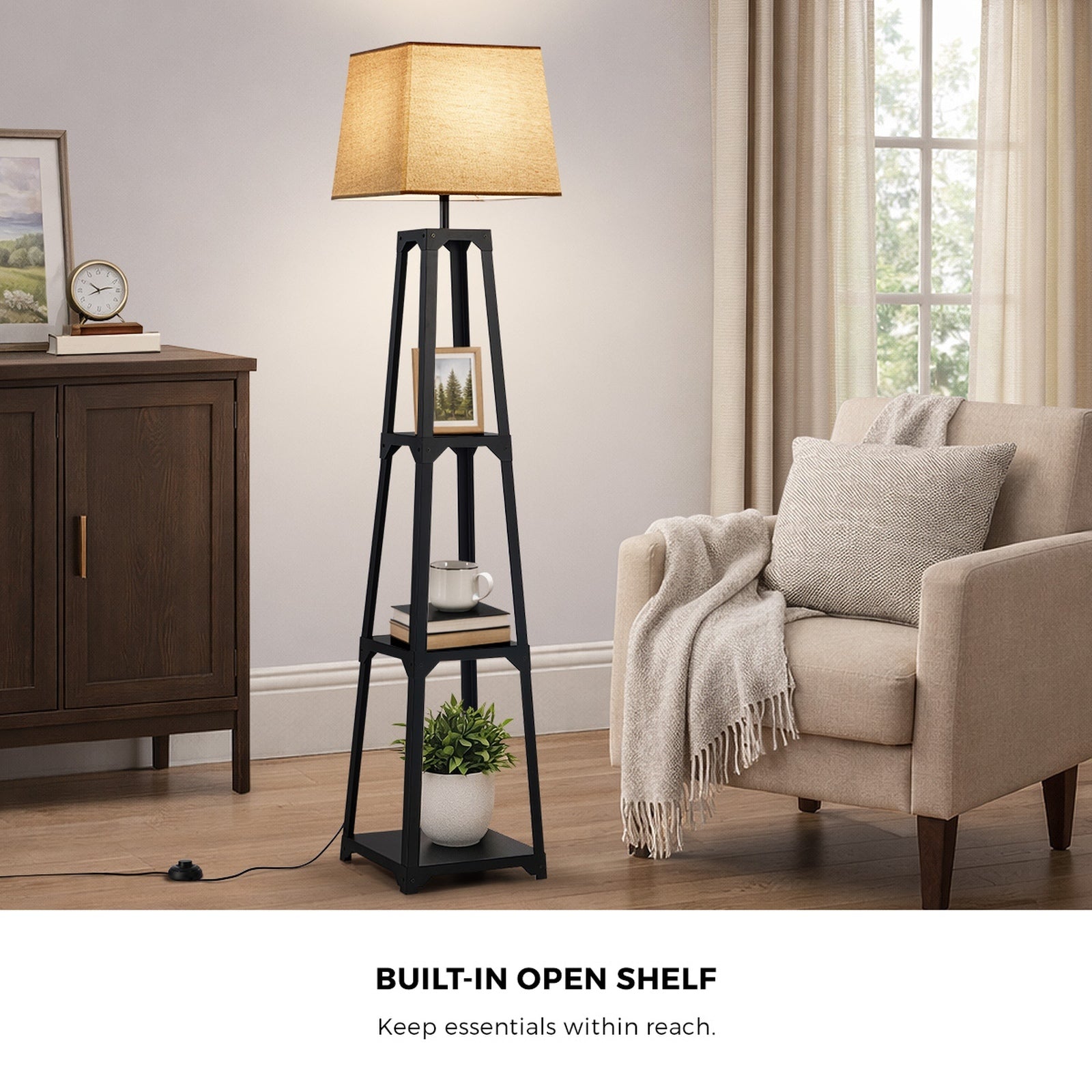 Oikiture Floor Lamps Fabric Shade Reading Light with Display Shelf - Sunyee