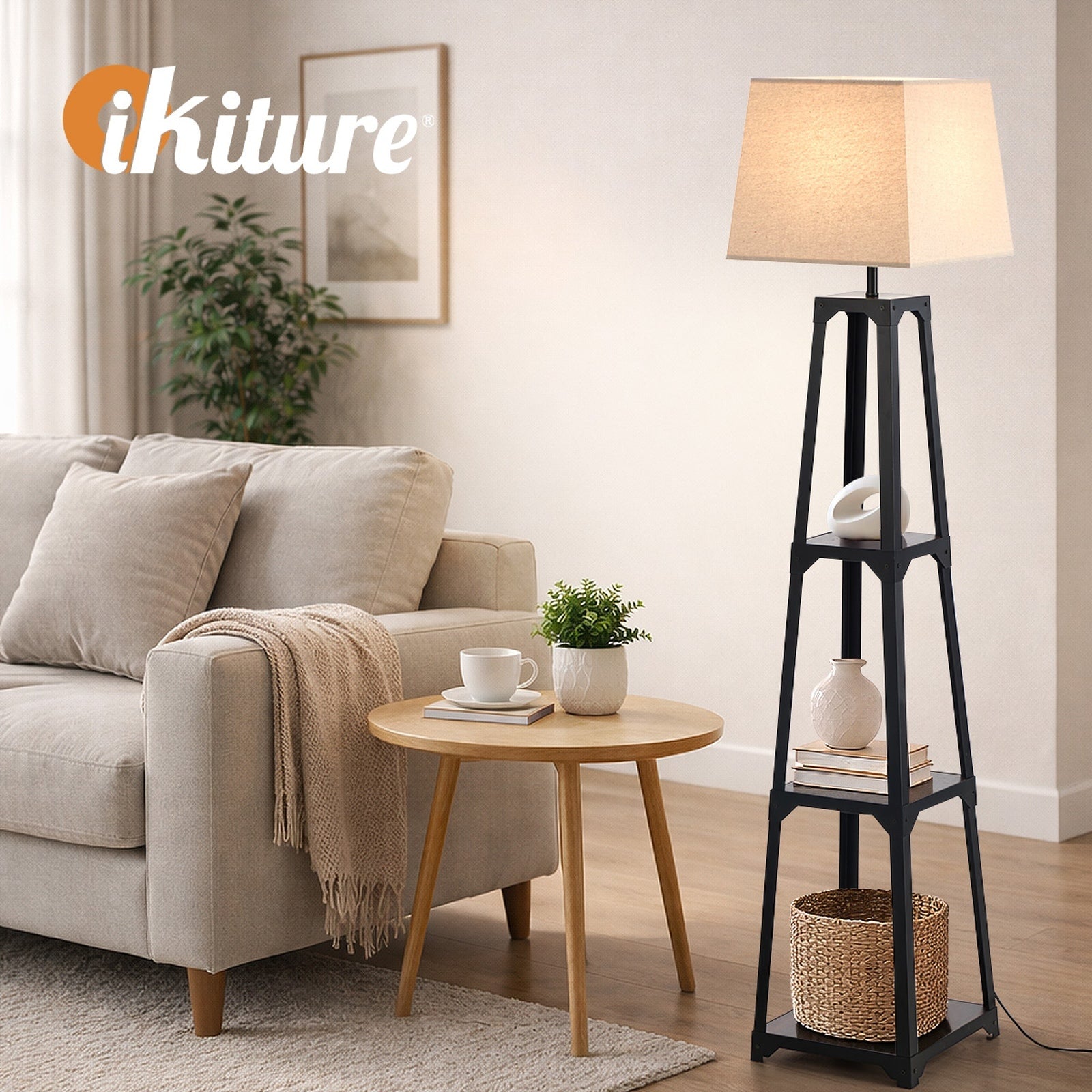 Oikiture Floor Lamps Fabric Shade Reading Light with Display Shelf - Sunyee