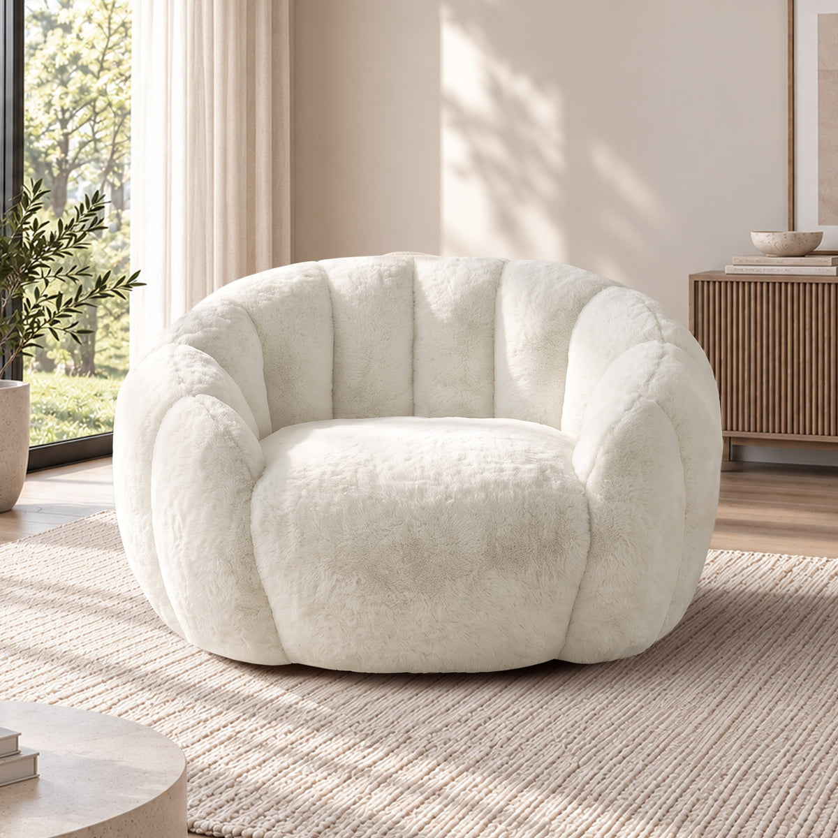 Oikiture Bean Bag Chair Floor Lounge Lazy Sofa Faux Rabbit Fleece Beige - Sunyee
