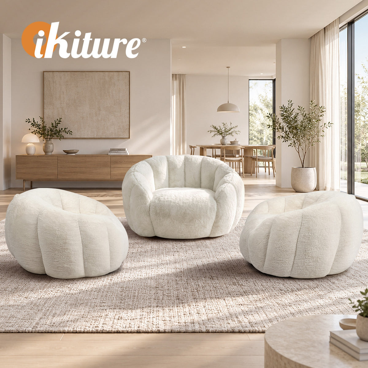 Oikiture Bean Bag Chair Floor Lounge Lazy Sofa Faux Rabbit Fleece Beige - Sunyee